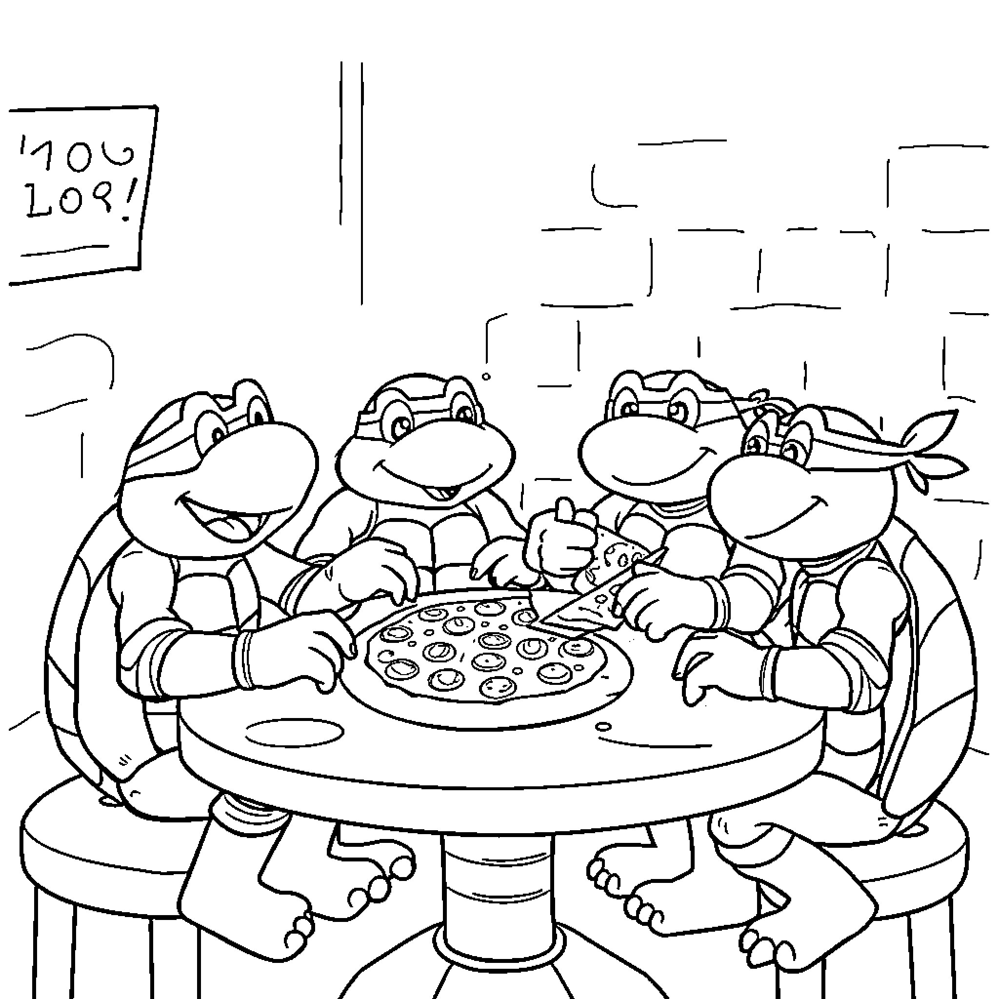 Toejam and Earl enjoying pizza together Coloring Page (free black-and-white line drawing printable PDF for all, from beginners to advanced learners, including children, teens, adults, and seniors)