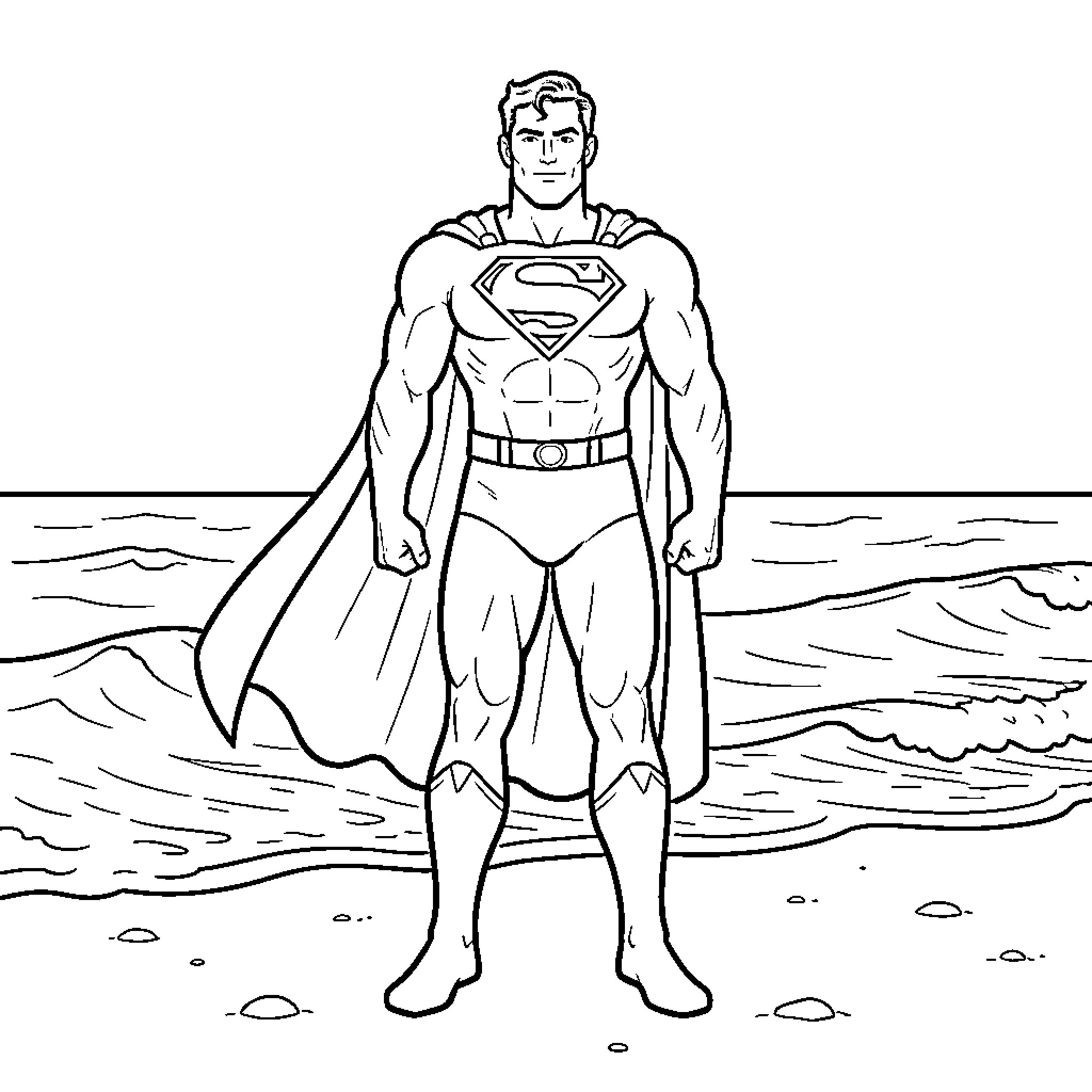 Superman standing heroically on the beach Coloring Page (free black-and-white line drawing printable PDF for all, from beginners to advanced learners, including children, teens, adults, and seniors)