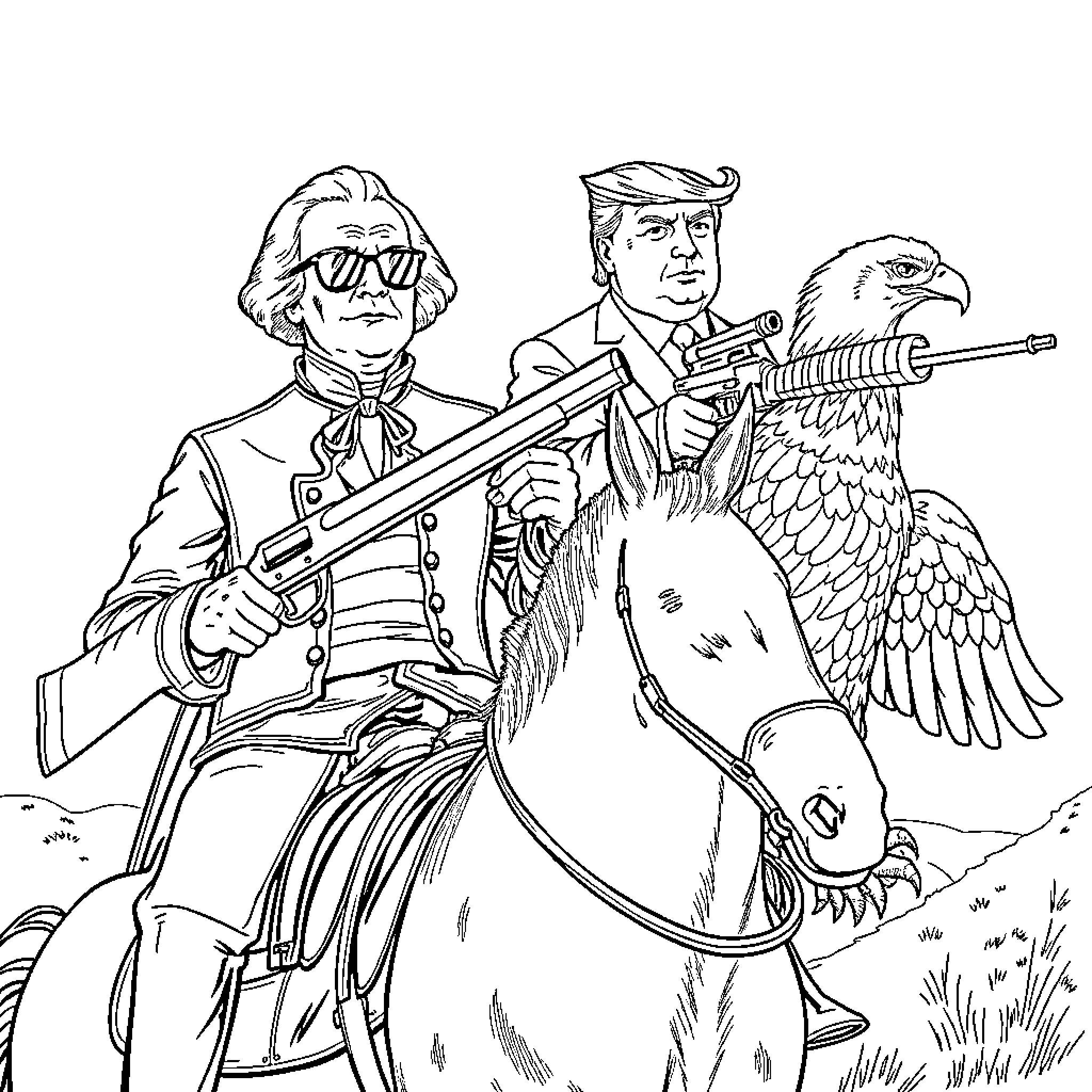 George Washington Leading Revolutionary Forces on Horseback Coloring Page (free black-and-white line drawing printable PDF for all, from beginners to advanced learners, including children, teens, adults, and seniors)