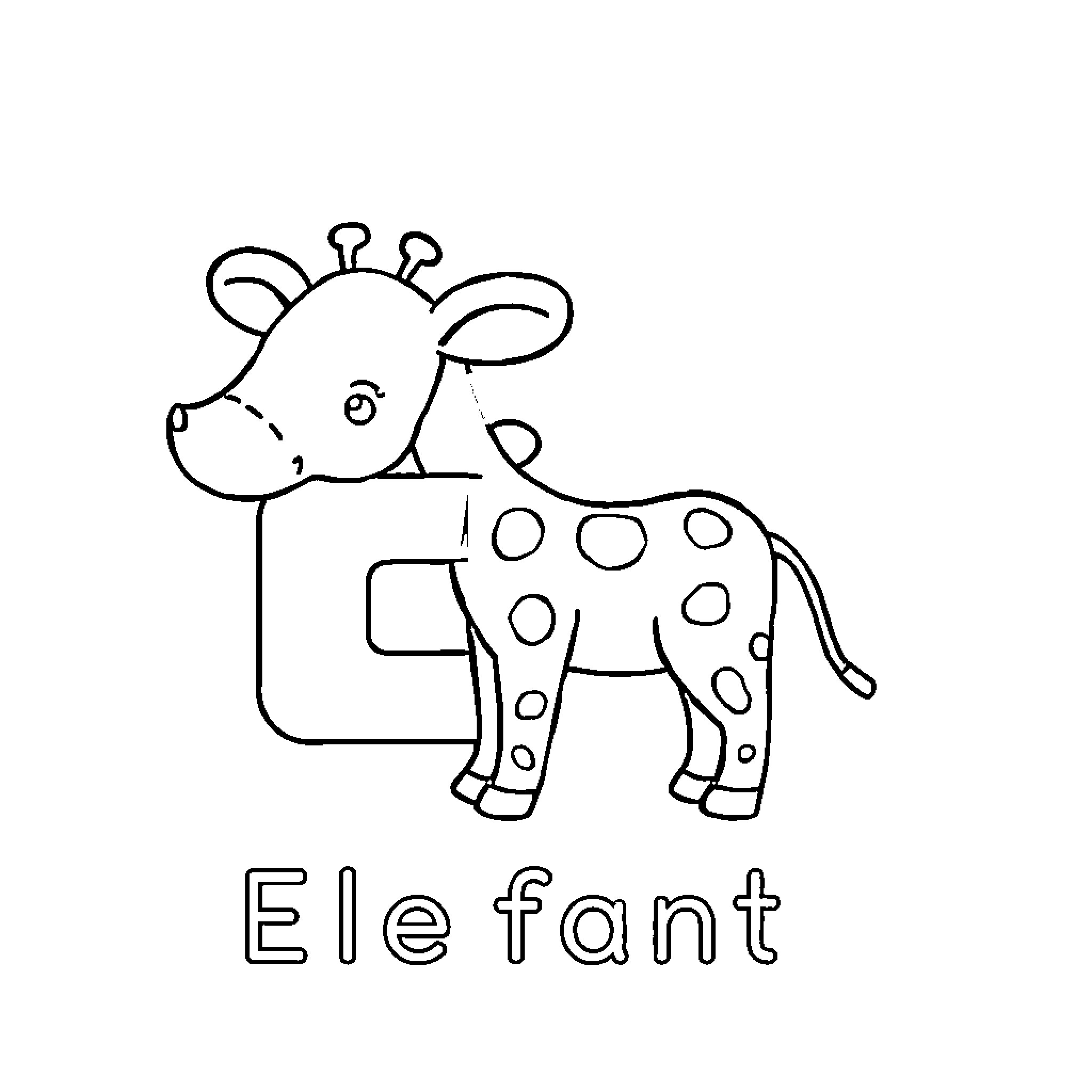 Alphabet Elephant in Outline Drawing Coloring Page (free black-and-white line drawing printable PDF for all, from beginners to advanced learners, including children, teens, adults, and seniors)