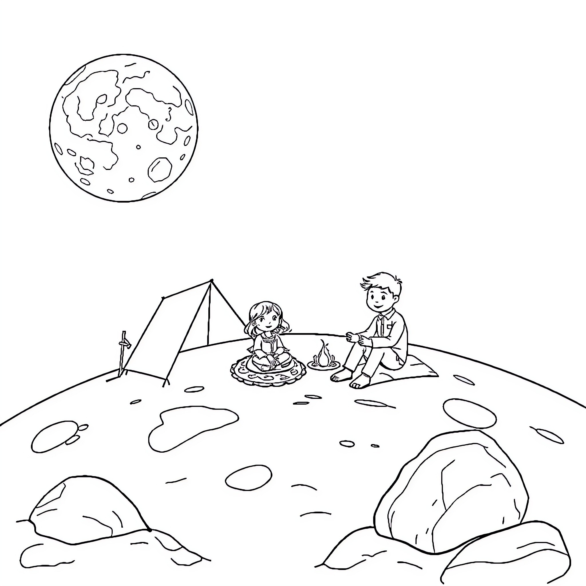 Family Camping Under the Moonlit Sky Coloring Page (free black-and-white line drawing printable PDF for all, from beginners to advanced learners, including children, teens, adults, and seniors)