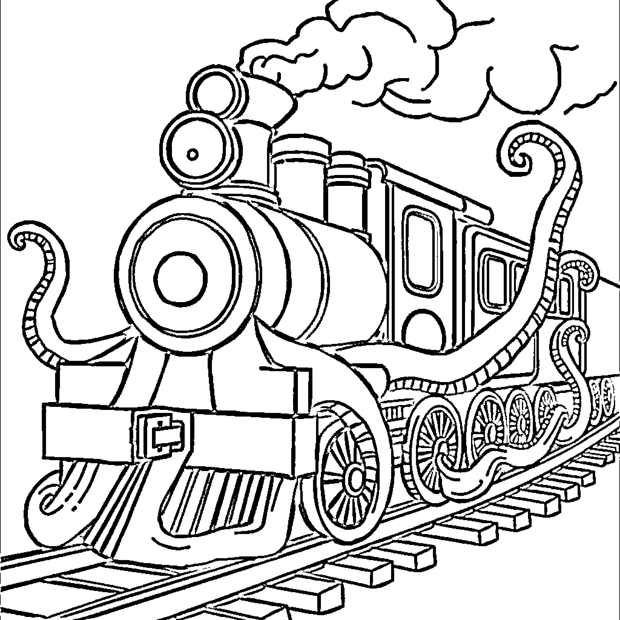 Train Engine Pulling Cars on the Tracks Coloring Page (free black-and-white line drawing printable PDF for all, from beginners to advanced learners, including children, teens, adults, and seniors)