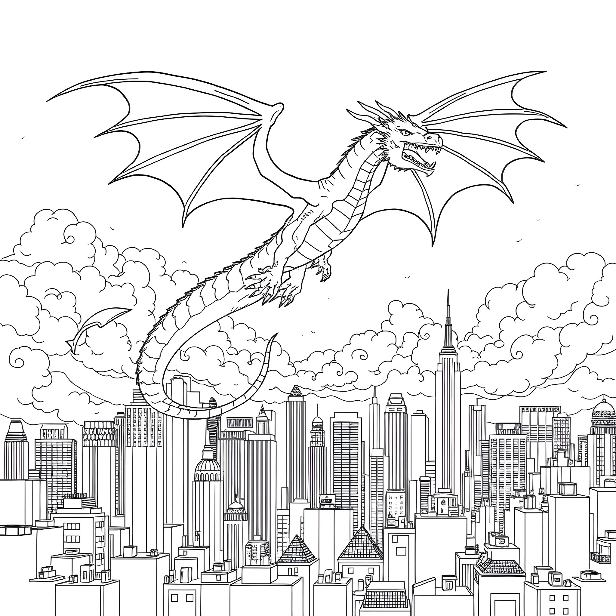 Dragon soaring over a bustling city skyline Coloring Page (free black-and-white line drawing printable PDF for all, from beginners to advanced learners, including children, teens, adults, and seniors)