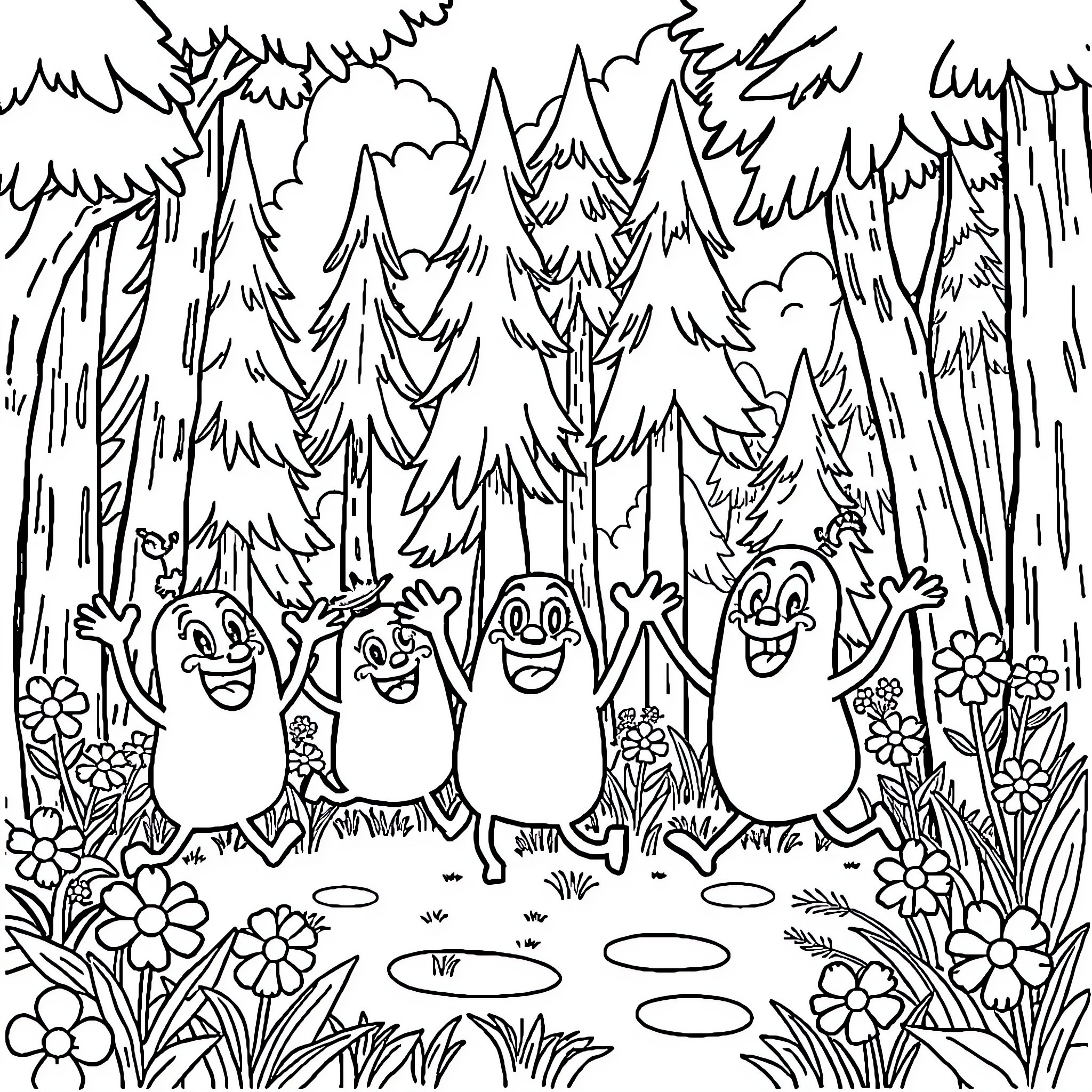 Yo Gaba Gaba Characters Dancing in the Forest Coloring Page (free black-and-white line drawing printable PDF for all, from beginners to advanced learners, including children, teens, adults, and seniors)