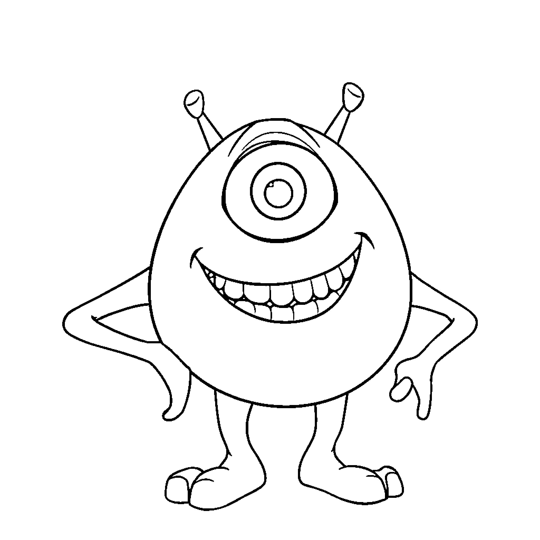 Mike Wazowski smiling and posing happily Coloring Page (free black-and-white line drawing printable PDF for all, from beginners to advanced learners, including children, teens, adults, and seniors)