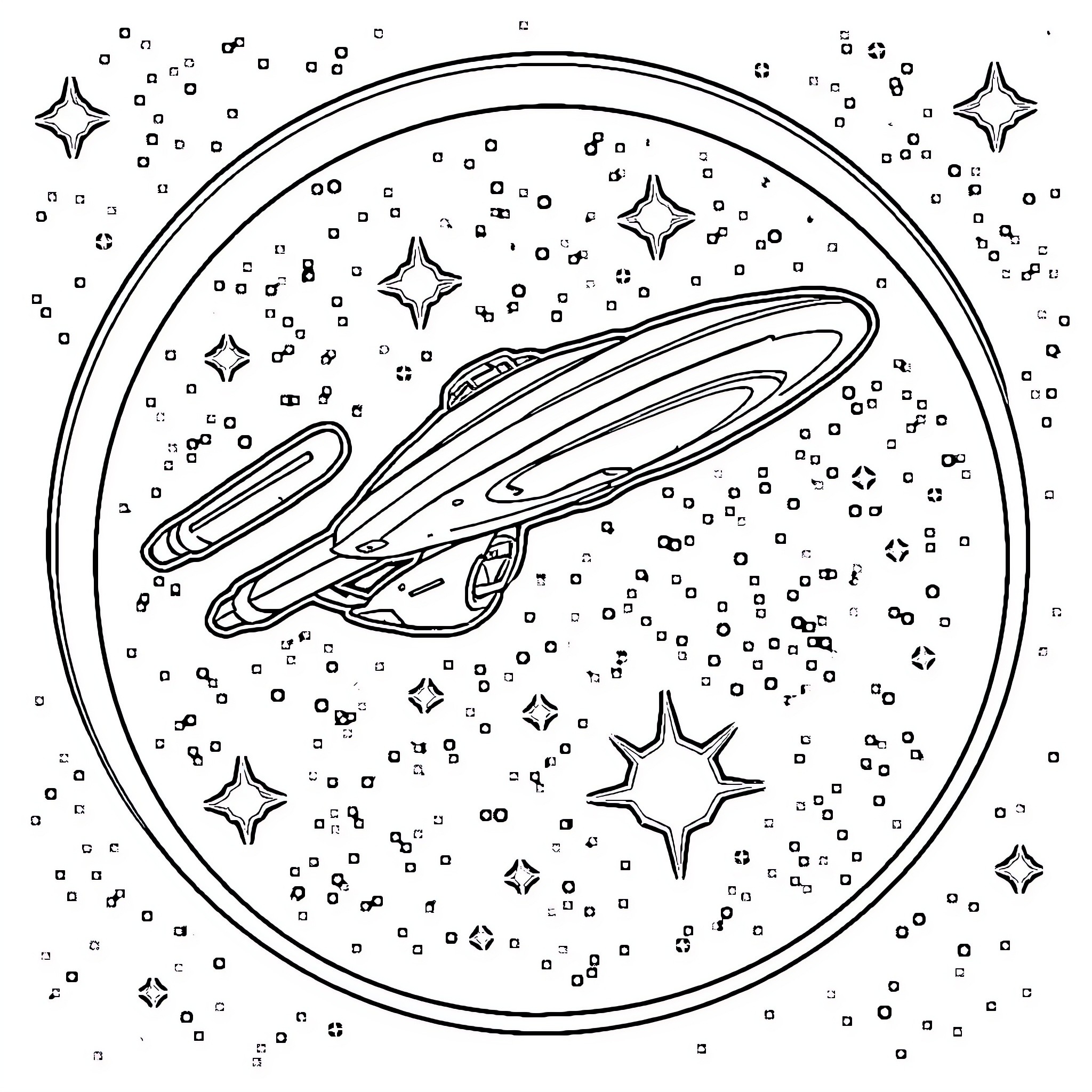 Starship soaring through the cosmic expanse Coloring Page (free black-and-white line drawing printable PDF for all, from beginners to advanced learners, including children, teens, adults, and seniors)