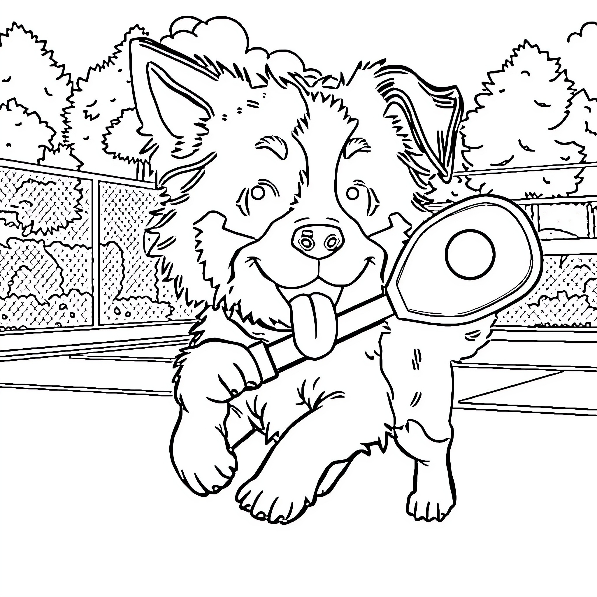 Chinook dog in playful outdoor scene Coloring Page (free black-and-white line drawing printable PDF for all, from beginners to advanced learners, including children, teens, adults, and seniors)