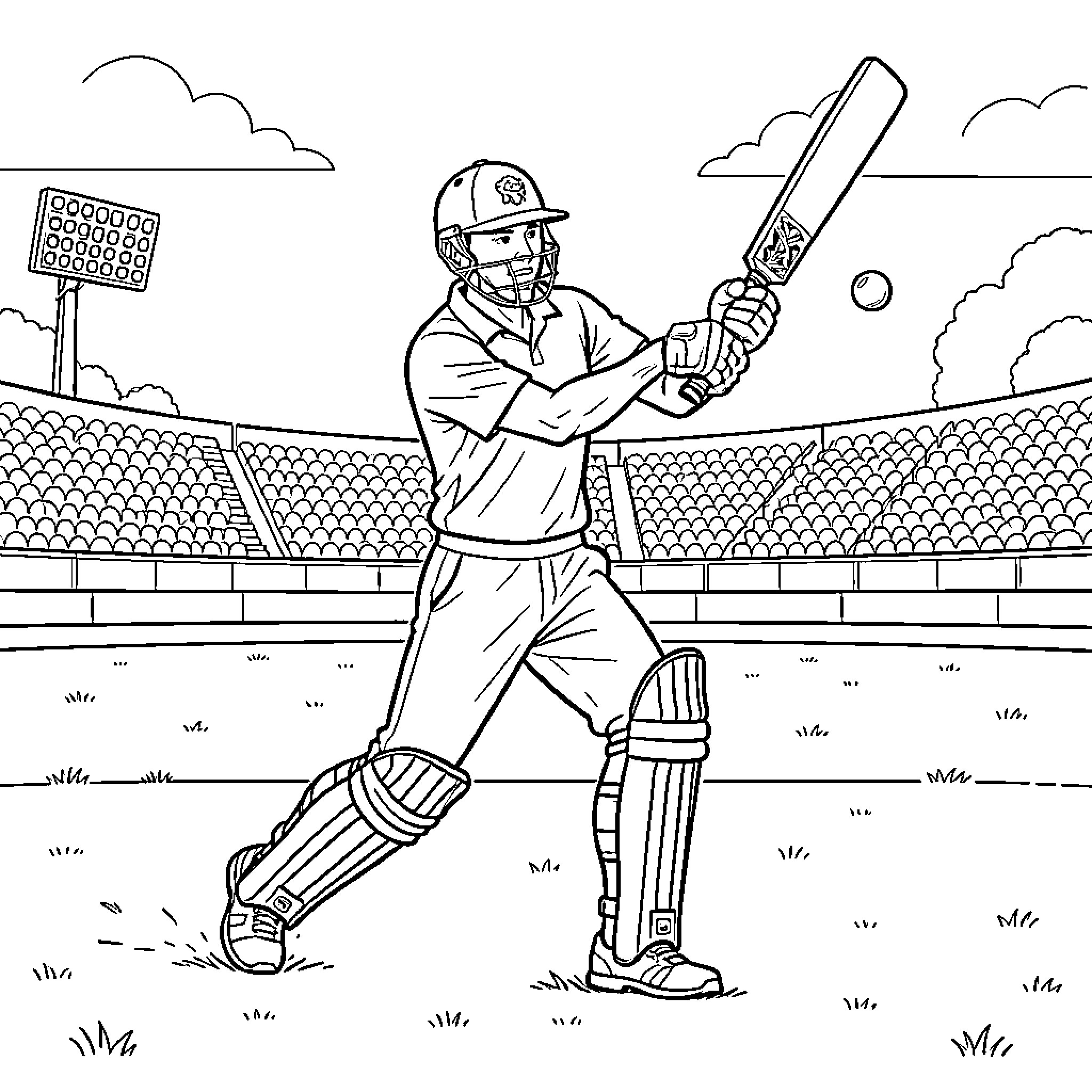 Ronaldo playing cricket and hitting the ball in a stadium Coloring Page (free black-and-white line drawing printable PDF for all, from beginners to advanced learners, including children, teens, adults, and seniors)
