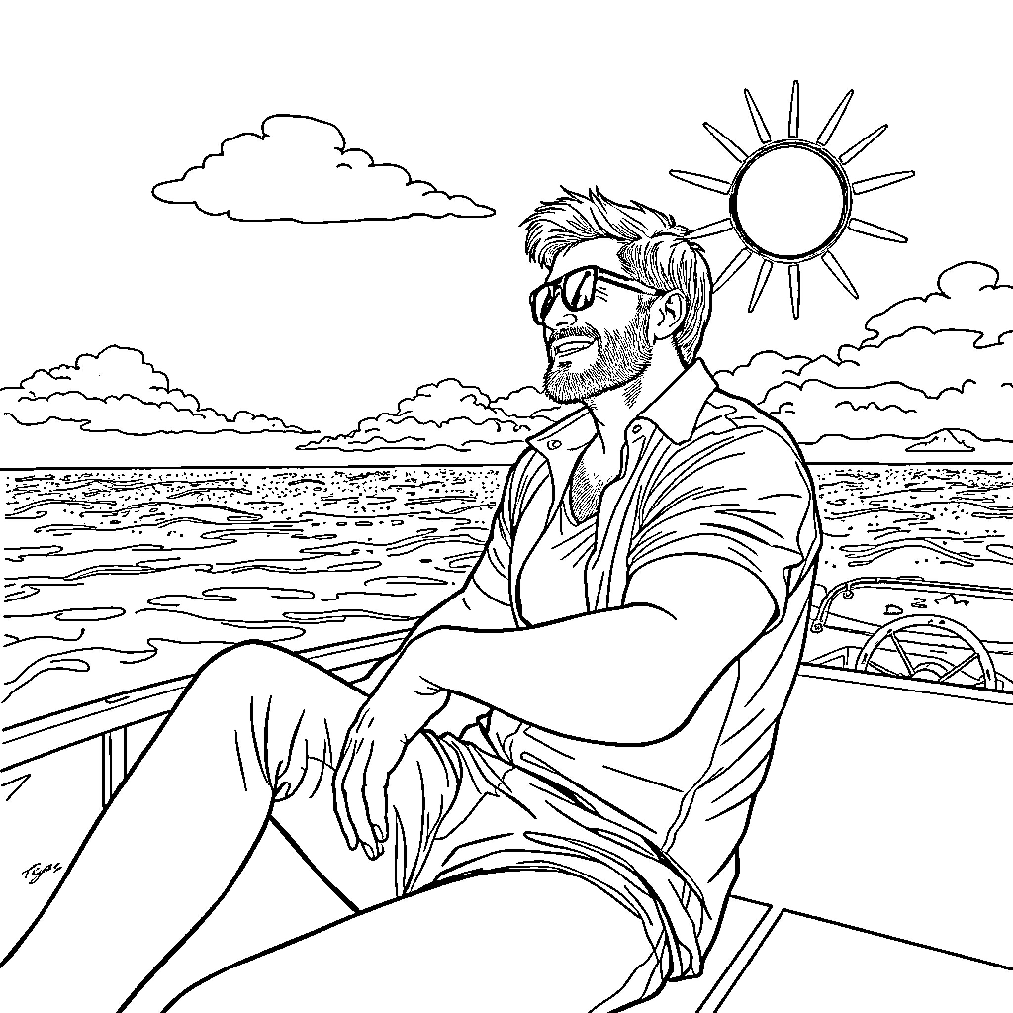 Dexter Morgan enjoying the sun and nature Coloring Page (free black-and-white line drawing printable PDF for all, from beginners to advanced learners, including children, teens, adults, and seniors)