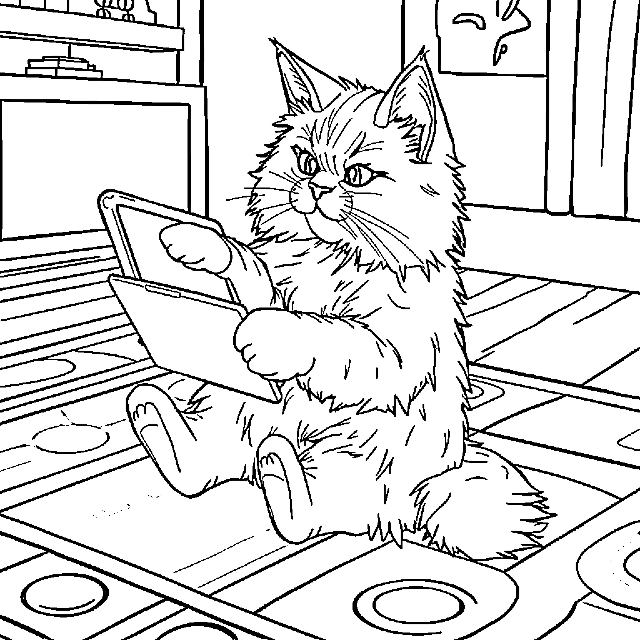 Cat enjoying computer in cozy room Coloring Page (free black-and-white line drawing printable PDF for all, from beginners to advanced learners, including children, teens, adults, and seniors)