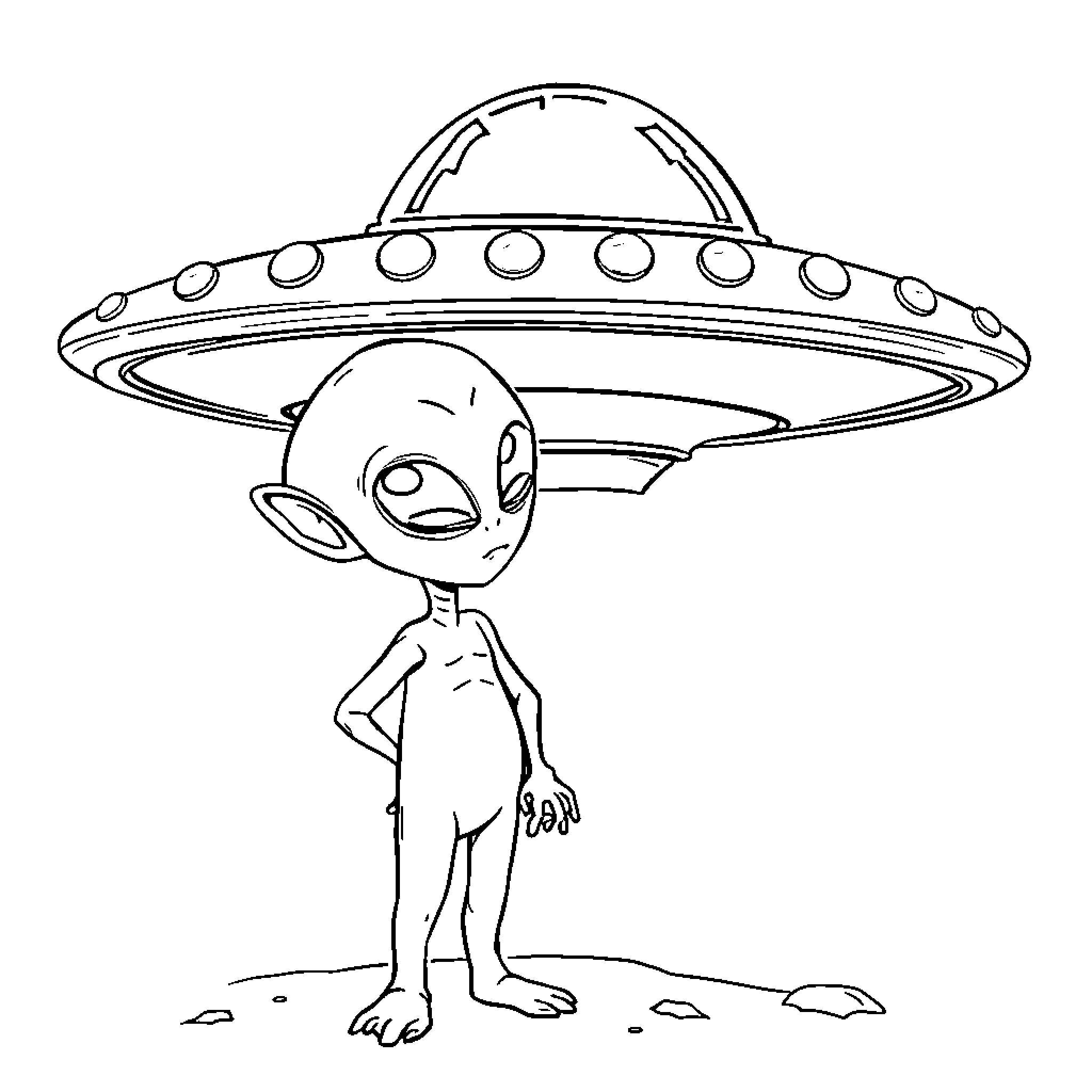 Alien explores mysterious spacecraft Coloring Page (free black-and-white line drawing printable PDF for all, from beginners to advanced learners, including children, teens, adults, and seniors)