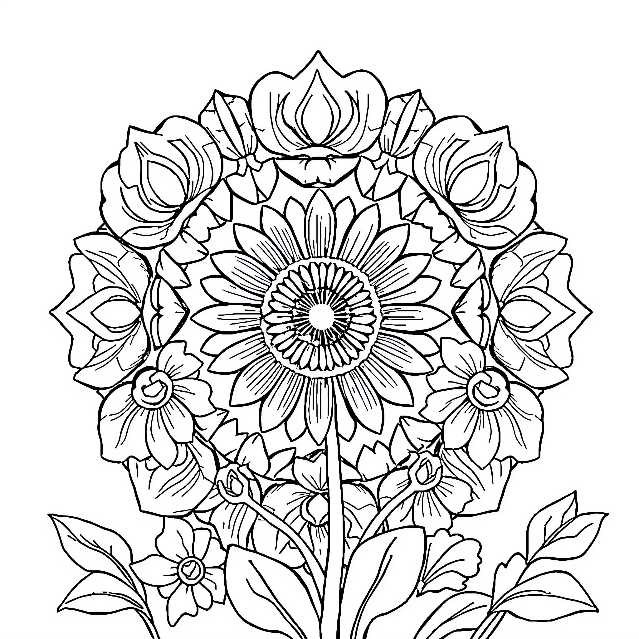 آب‌نبات: Floral Mandala with Sunflower Coloring Page (free black-and-white line drawing printable PDF for all, from beginners to advanced learners, including children, teens, adults, and seniors)