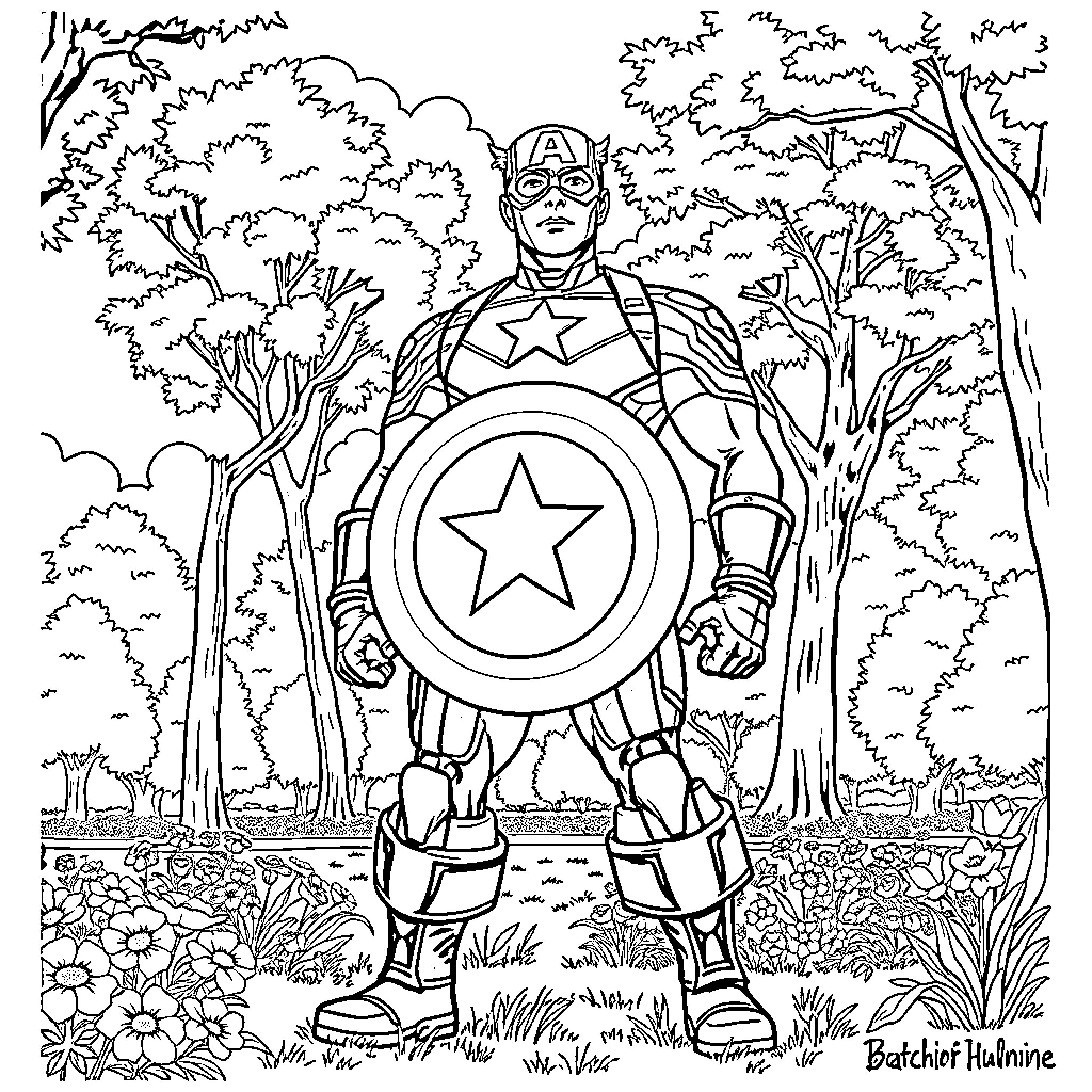 Captain America in heroic pose in a forested scene Coloring Page (free black-and-white line drawing printable PDF for all, from beginners to advanced learners, including children, teens, adults, and seniors)