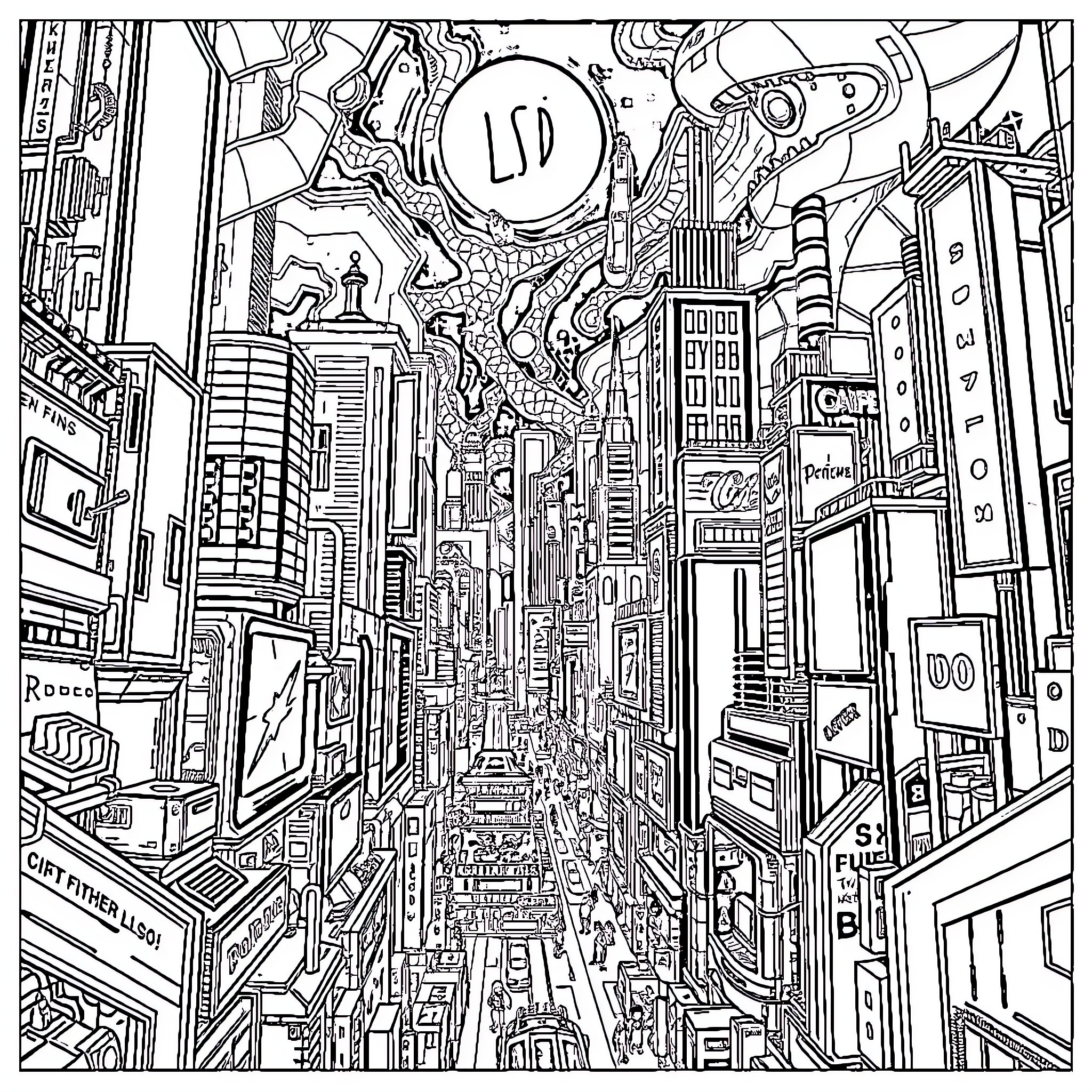 City of futuristic structures and technology Coloring Page (free black-and-white line drawing printable PDF for all, from beginners to advanced learners, including children, teens, adults, and seniors)