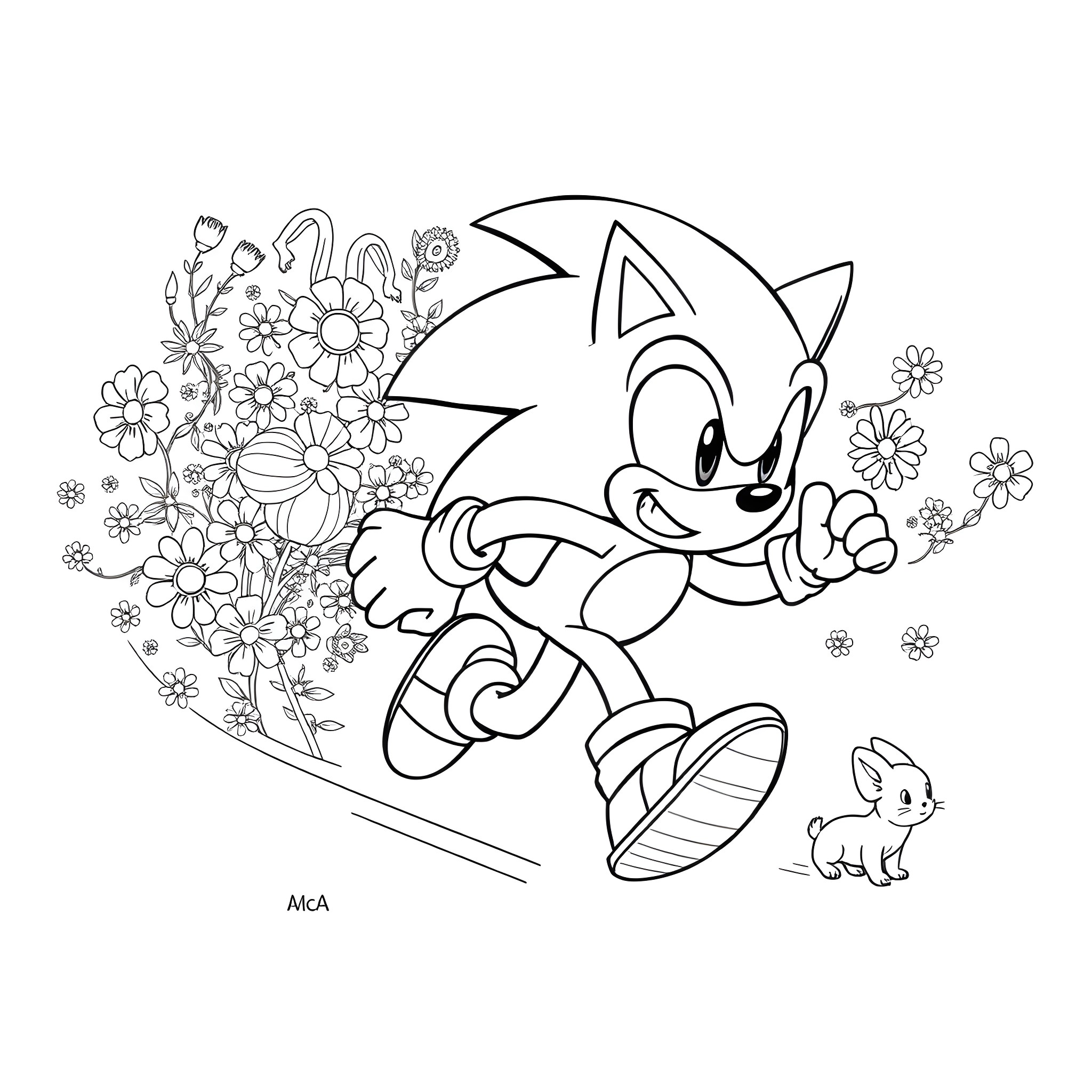 Sonic Running through Floral Field Coloring Page (free black-and-white line drawing printable PDF for all, from beginners to advanced learners, including children, teens, adults, and seniors)