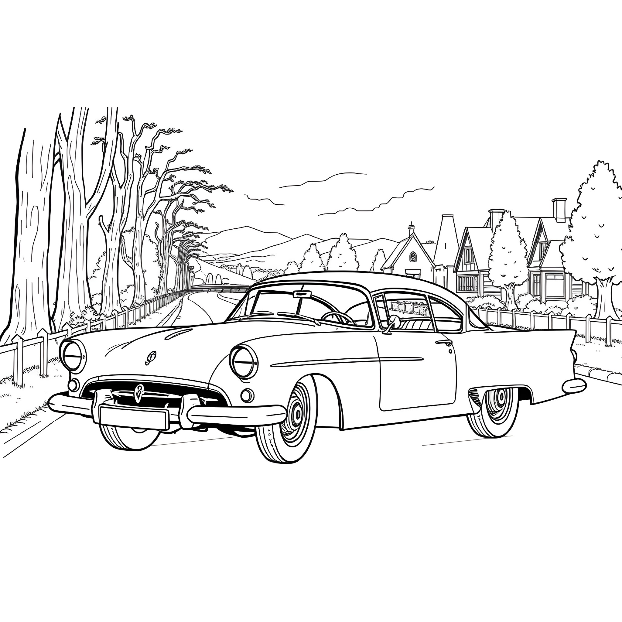 Car cruising through a scenic town Coloring Page (free black-and-white line drawing printable PDF for all, from beginners to advanced learners, including children, teens, adults, and seniors)
