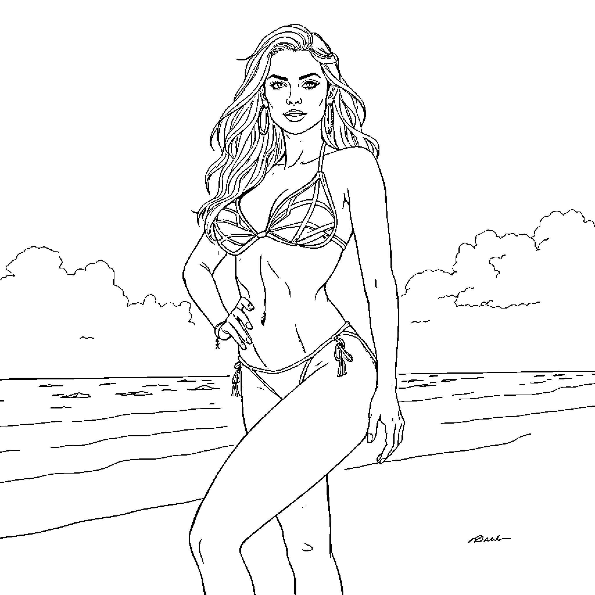 Model posing in swimwear on the beach Coloring Page (free black-and-white line drawing printable PDF for all, from beginners to advanced learners, including children, teens, adults, and seniors)