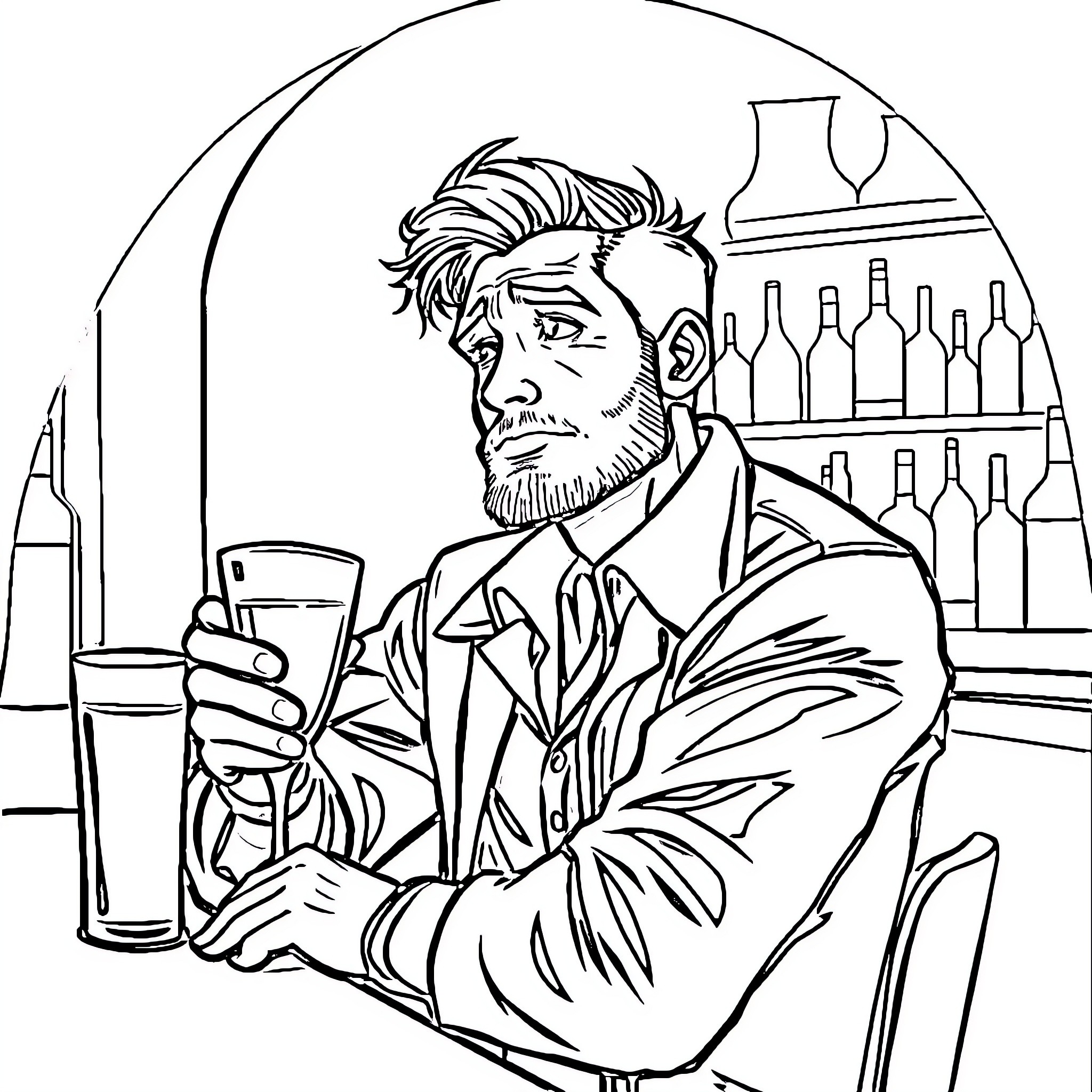Man contemplating over a glass of drink in a bar Coloring Page (free black-and-white line drawing printable PDF for all, from beginners to advanced learners, including children, teens, adults, and seniors)