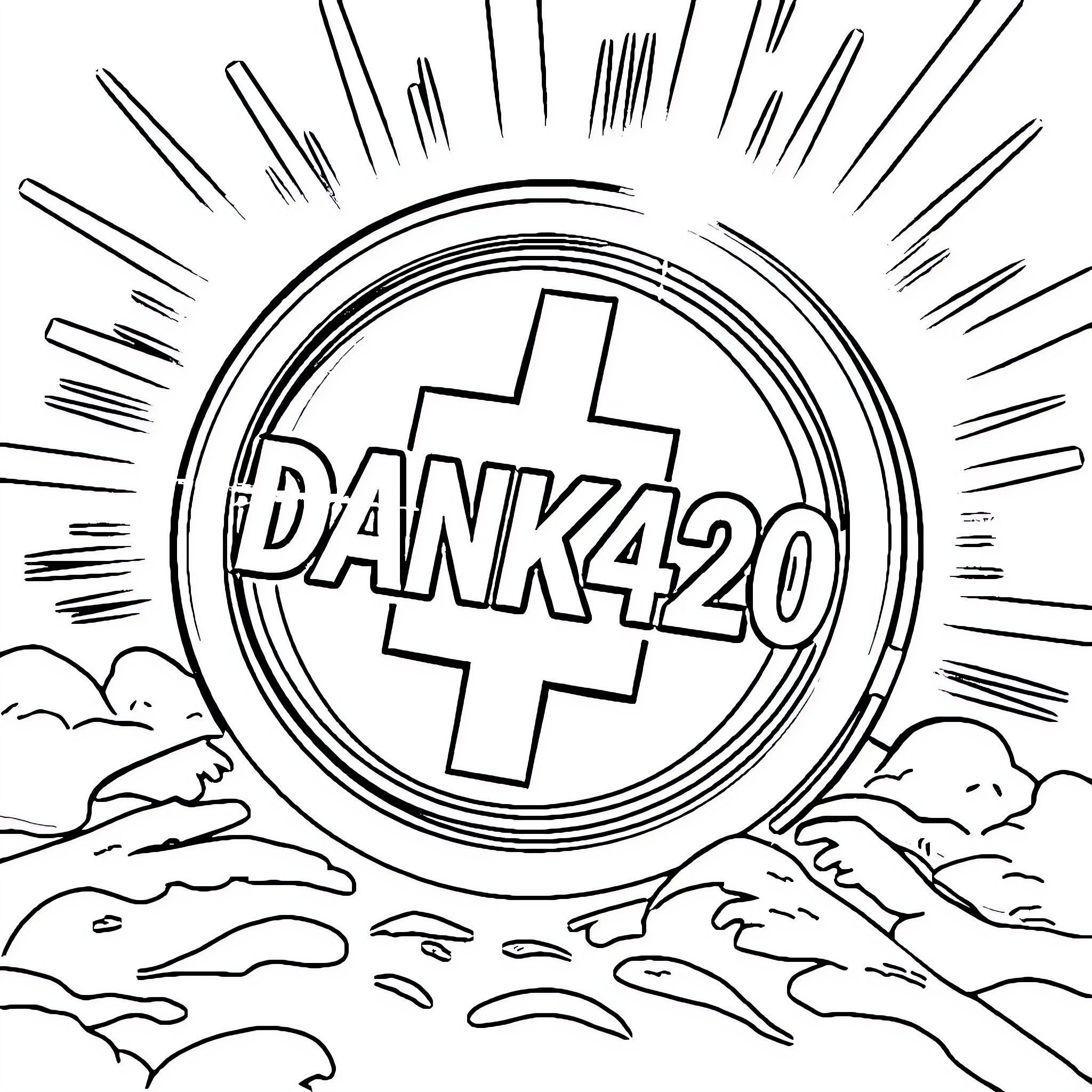 Coin depicting the Dank420 logo in a stylized landscape Coloring Page (free black-and-white line drawing printable PDF for all, from beginners to advanced learners, including children, teens, adults, and seniors)