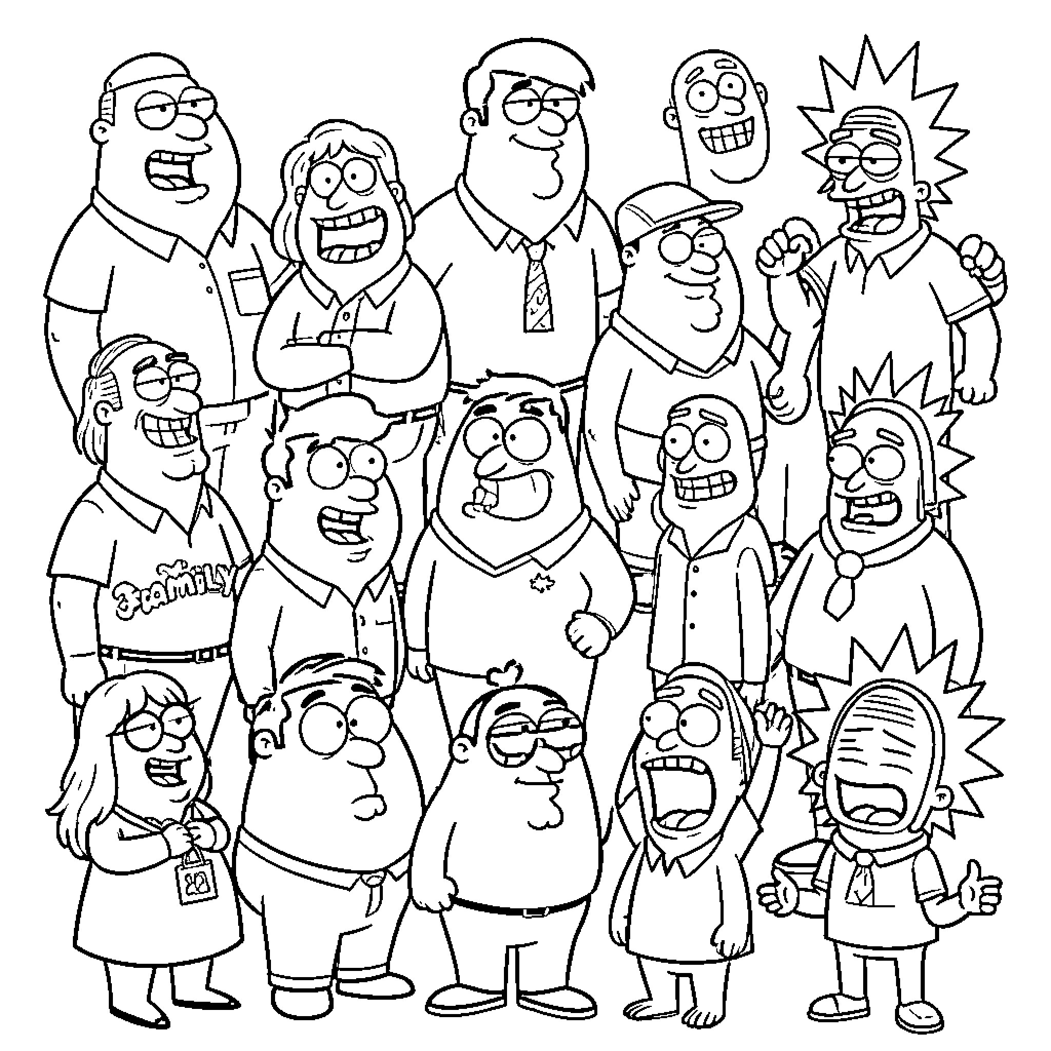 Cartoon Characters with Exaggerated Expressions Coloring Page (free black-and-white line drawing printable PDF for all, from beginners to advanced learners, including children, teens, adults, and seniors)