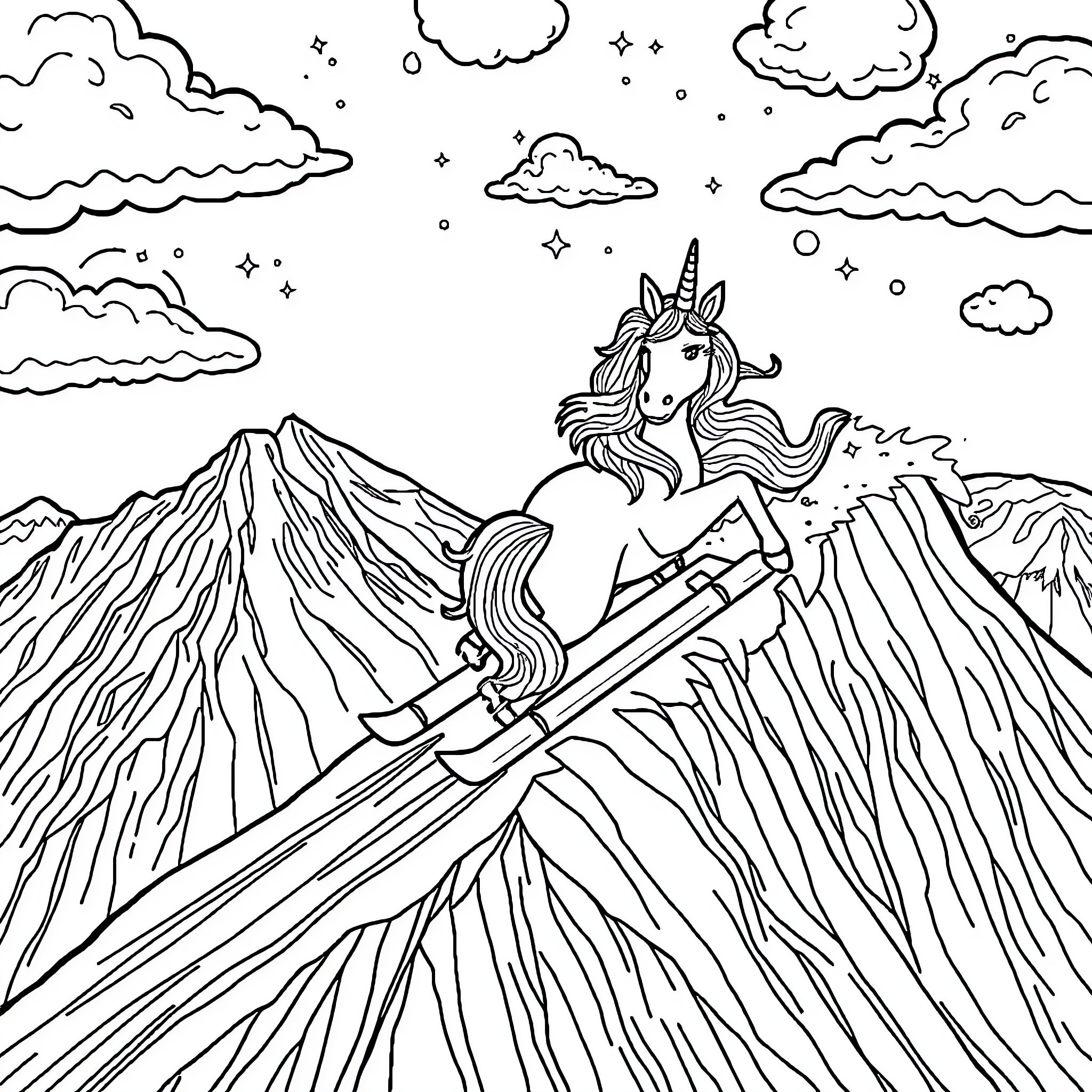 Licorne riding the magical mountain trails Coloring Page (free black-and-white line drawing printable PDF for all, from beginners to advanced learners, including children, teens, adults, and seniors)