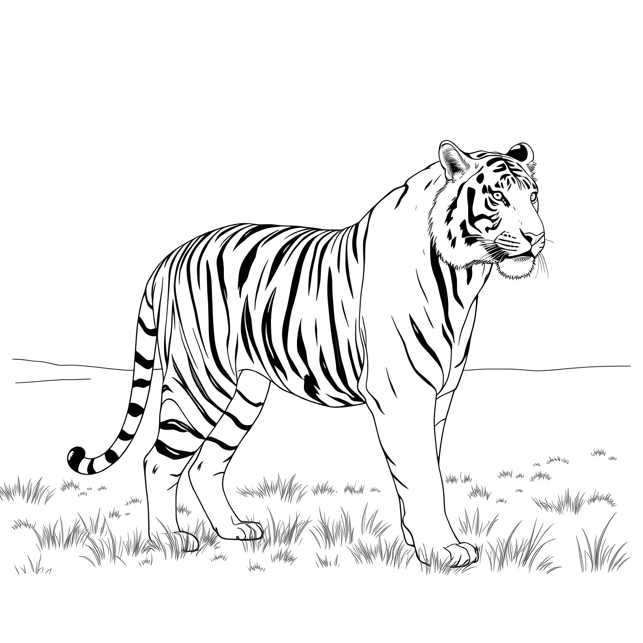 Tiger standing majestic in the wild Coloring Page (free black-and-white line drawing printable PDF for all, from beginners to advanced learners, including children, teens, adults, and seniors)