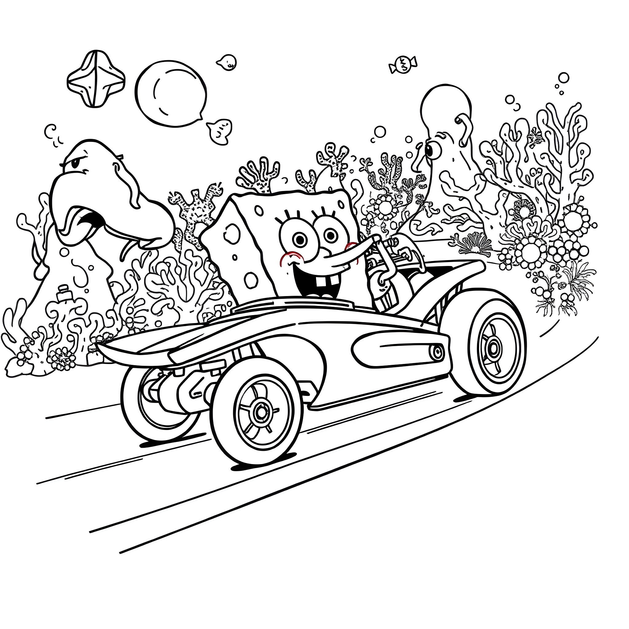 Spongebob driving a colorful underwater vehicle Coloring Page (free black-and-white line drawing printable PDF for all, from beginners to advanced learners, including children, teens, adults, and seniors)
