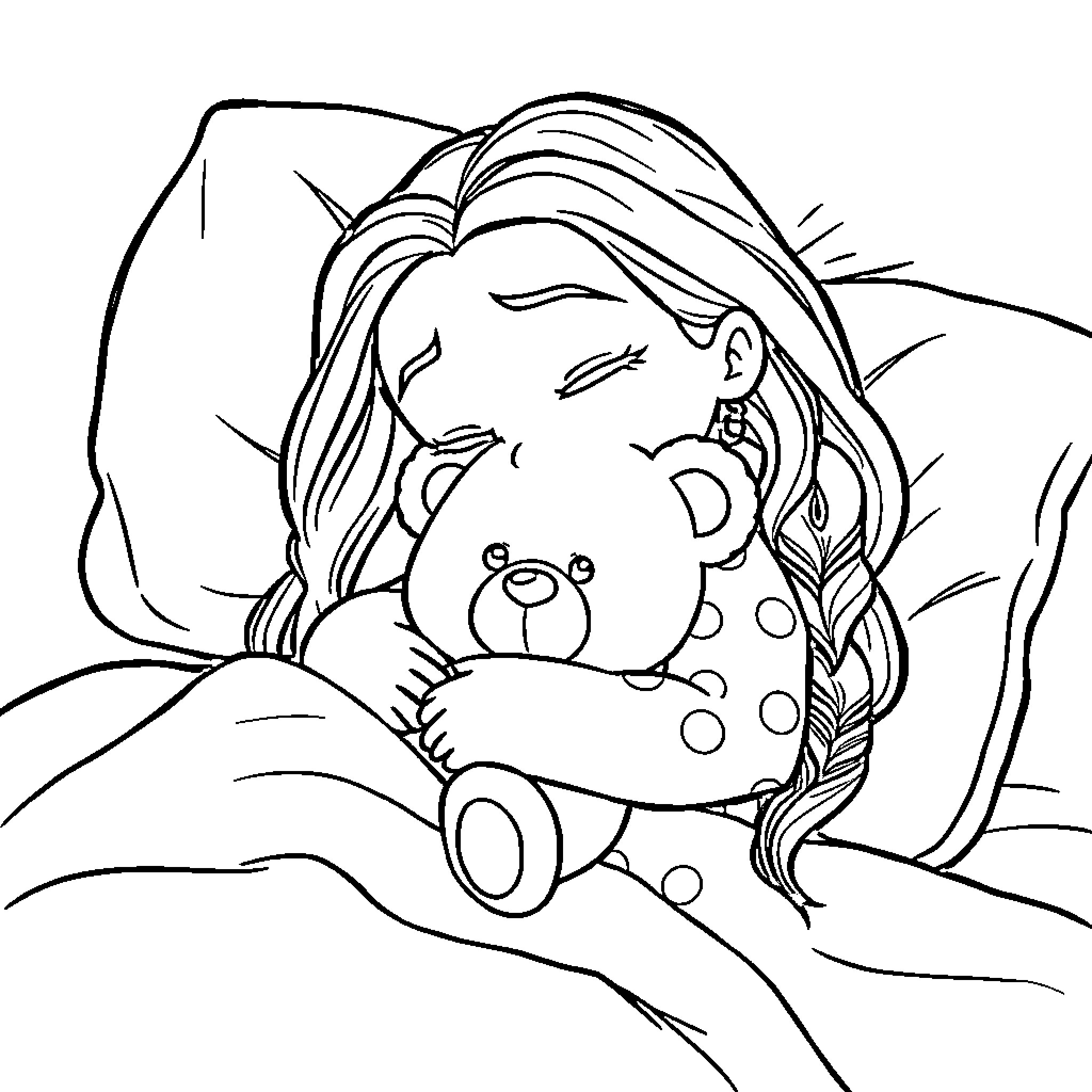 Moana sleeping peacefully with her stuffed bear toy Coloring Page (free black-and-white line drawing printable PDF for all, from beginners to advanced learners, including children, teens, adults, and seniors)