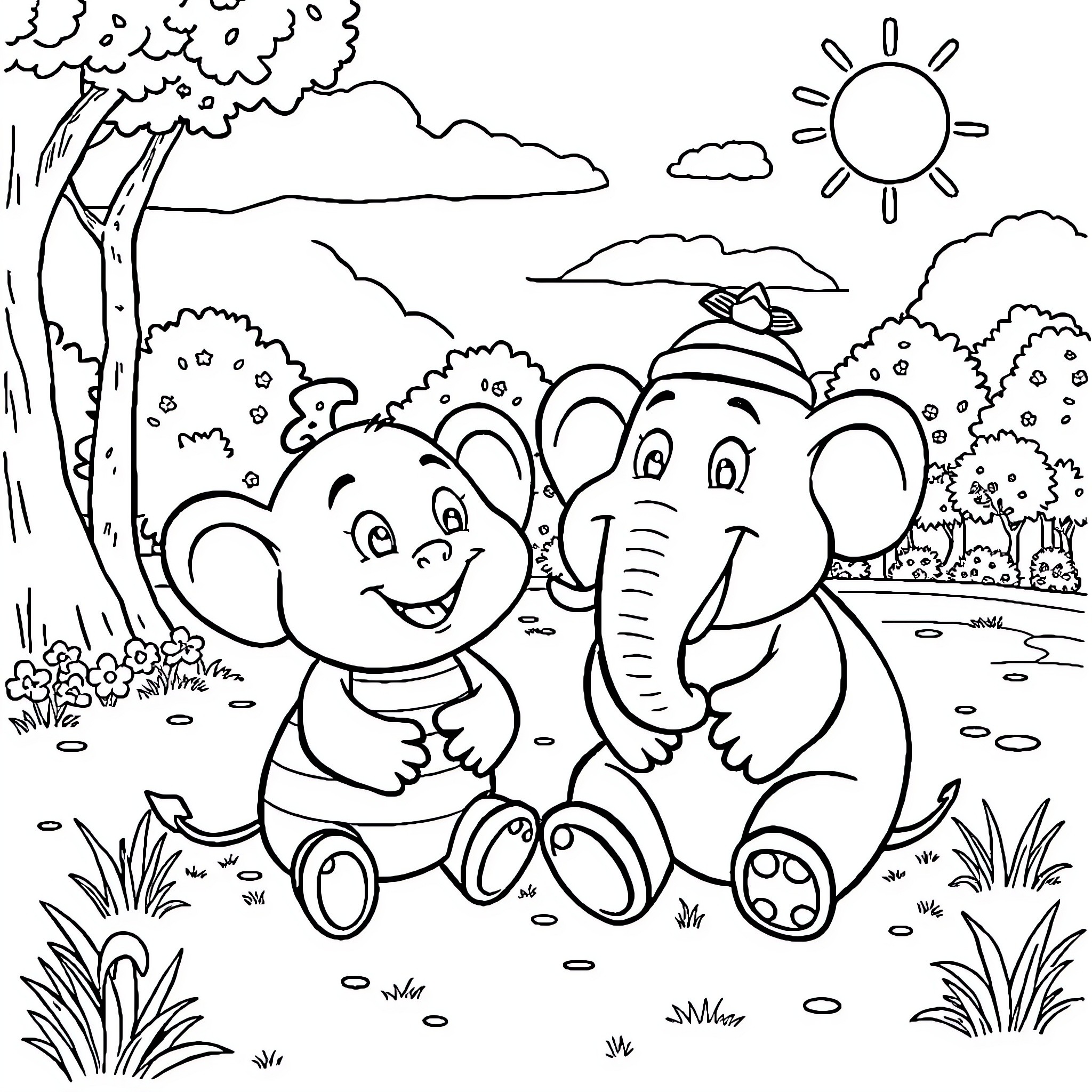 Labubu and Jumbo explore the beautiful landscape Coloring Page (free black-and-white line drawing printable PDF for all, from beginners to advanced learners, including children, teens, adults, and seniors)