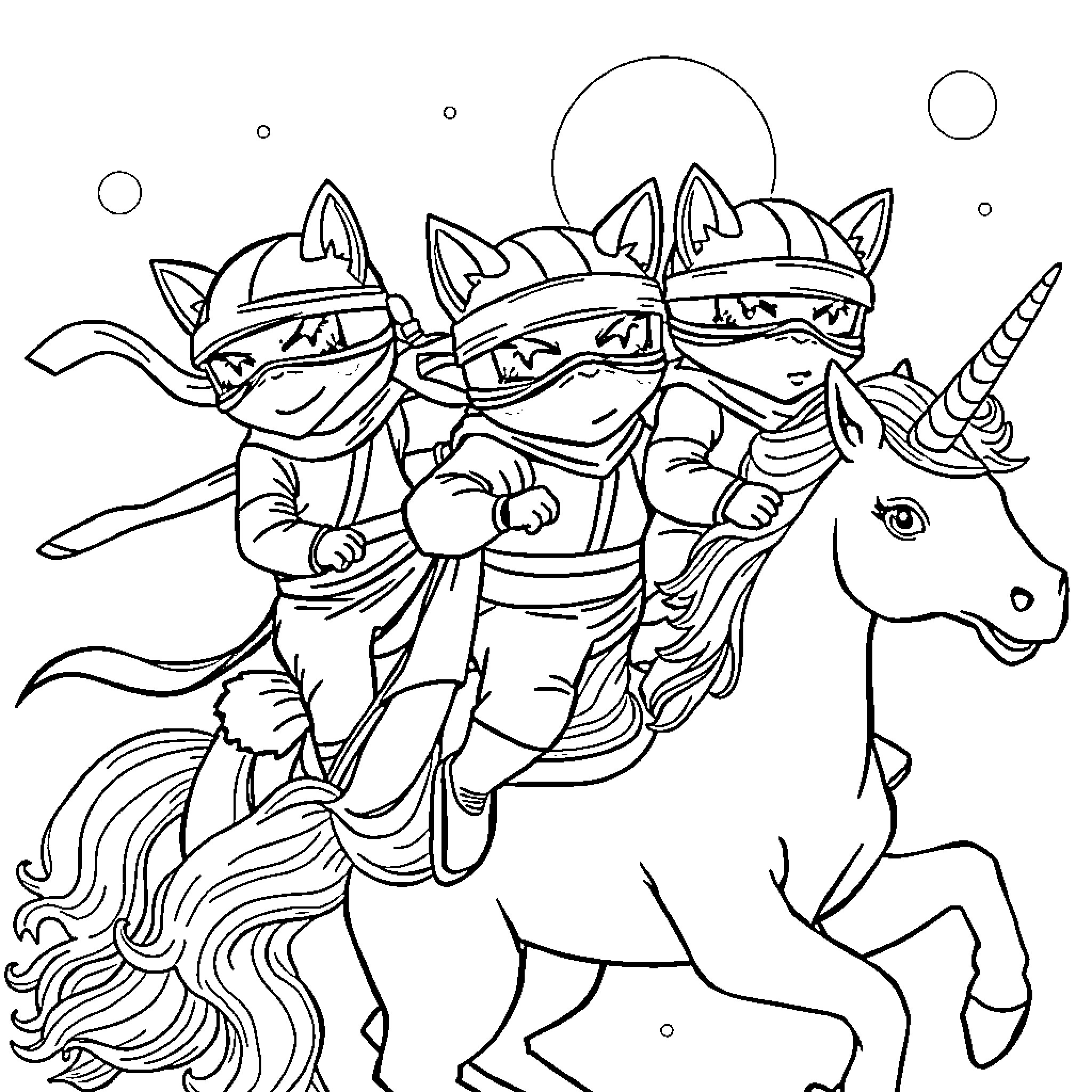 Ninja Cats riding a unicorn on an adventure Coloring Page (free black-and-white line drawing printable PDF for all, from beginners to advanced learners, including children, teens, adults, and seniors)