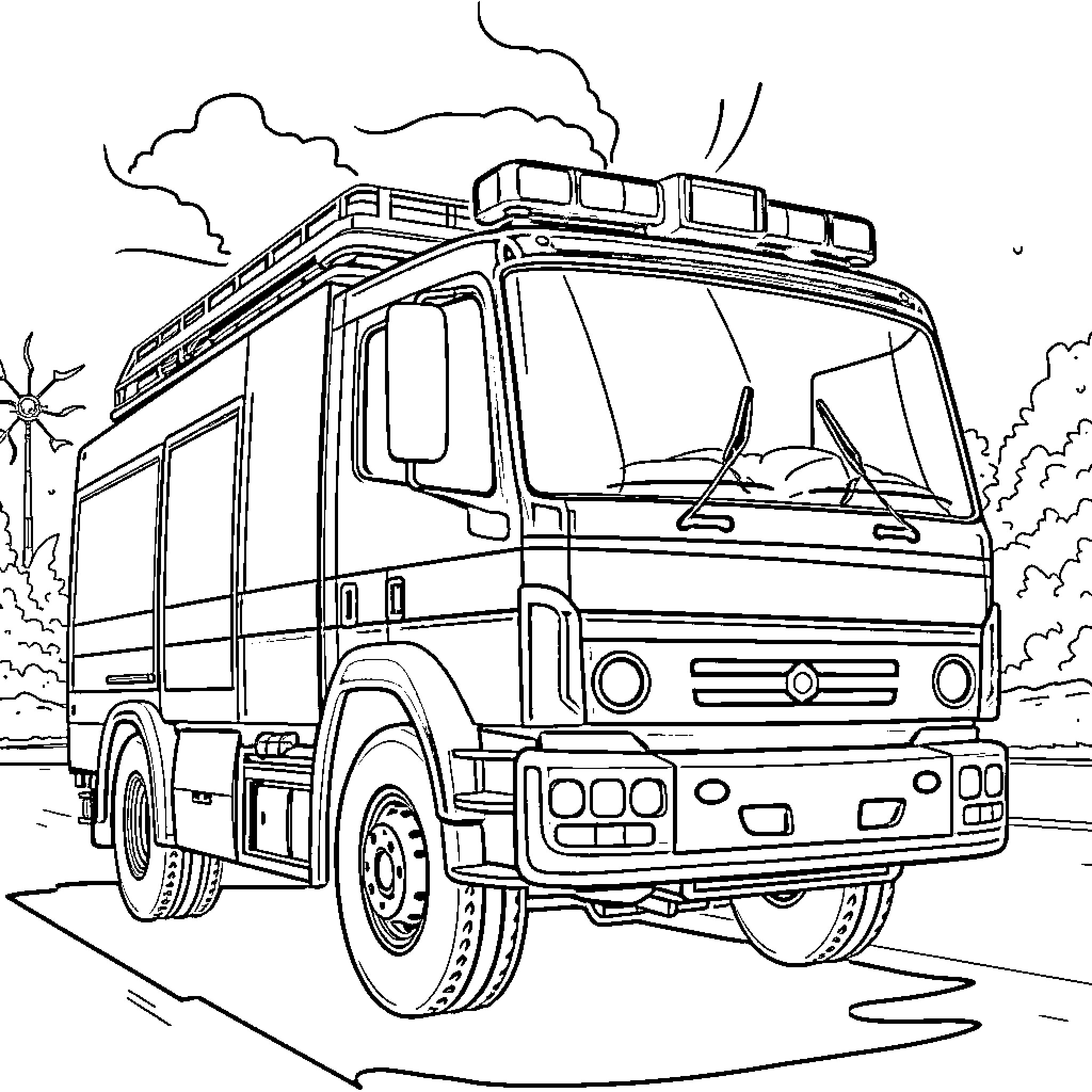 Fire Truck Rushing to Emergency Scene Coloring Page (free black-and-white line drawing printable PDF for all, from beginners to advanced learners, including children, teens, adults, and seniors)