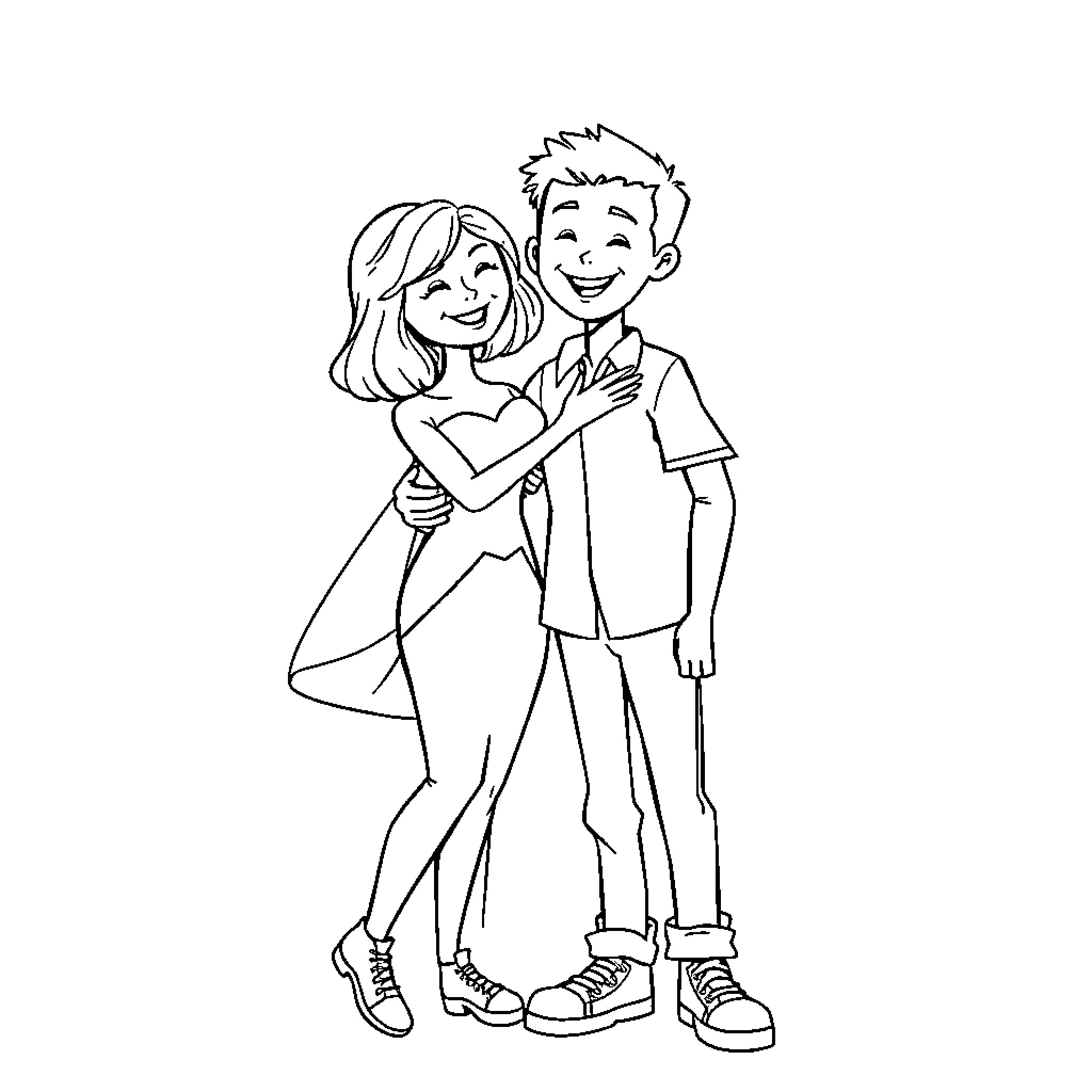 Bride and Groom Embracing Happily Coloring Page (free black-and-white line drawing printable PDF for all, from beginners to advanced learners, including children, teens, adults, and seniors)