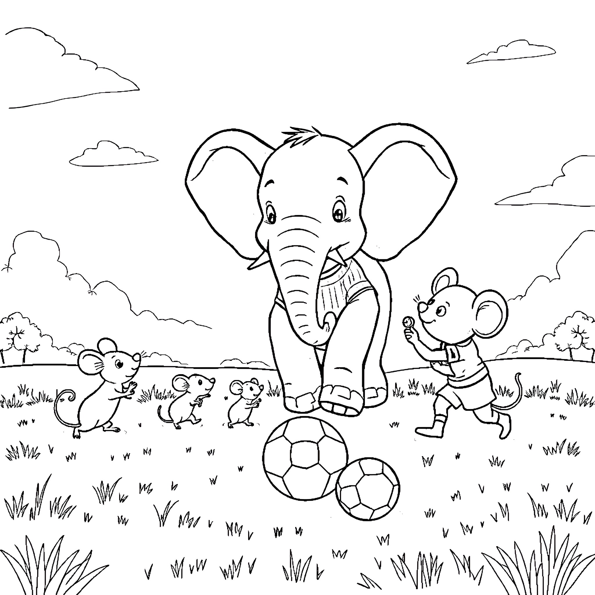 Elephant and mice playing with soccer balls Coloring Page (free black-and-white line drawing printable PDF for all, from beginners to advanced learners, including children, teens, adults, and seniors)