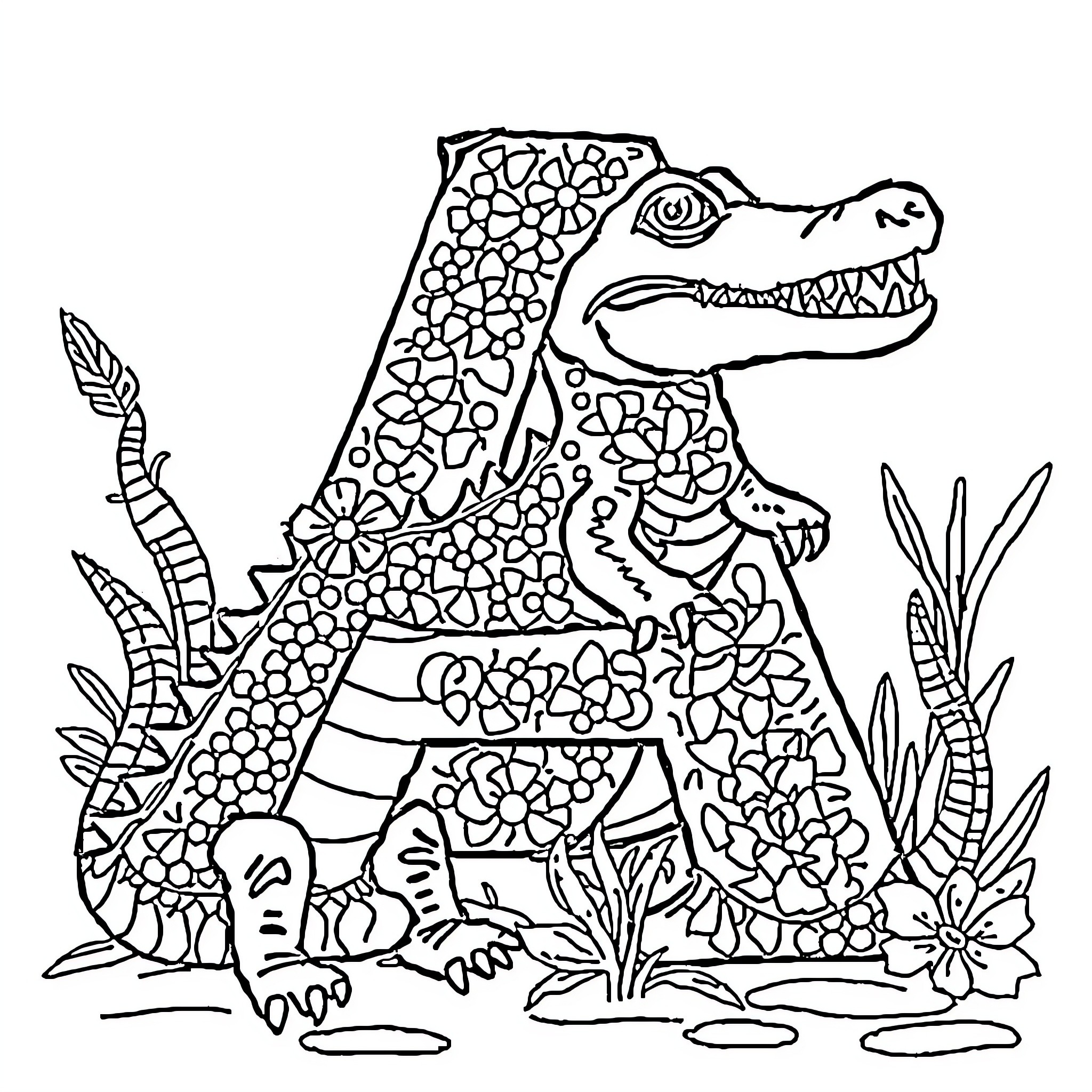 Alligator surrounded by vibrant floral elements Coloring Page (free black-and-white line drawing printable PDF for all, from beginners to advanced learners, including children, teens, adults, and seniors)