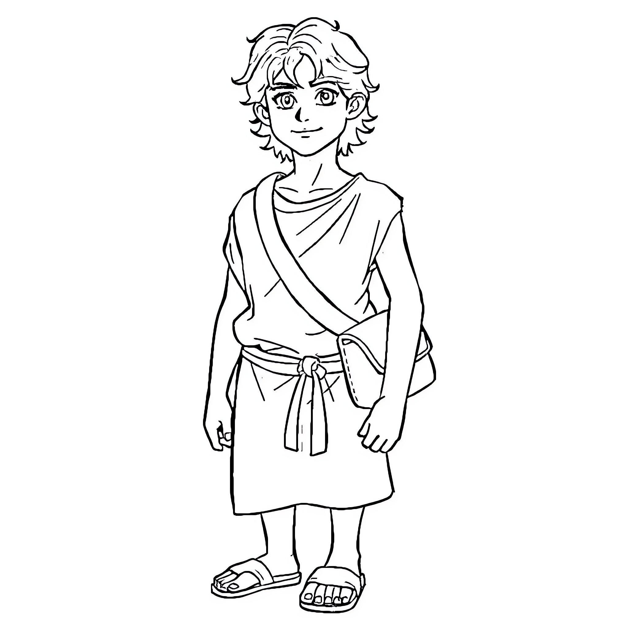 Shepherd boy with curious expression Coloring Page (free black-and-white line drawing printable PDF for all, from beginners to advanced learners, including children, teens, adults, and seniors)