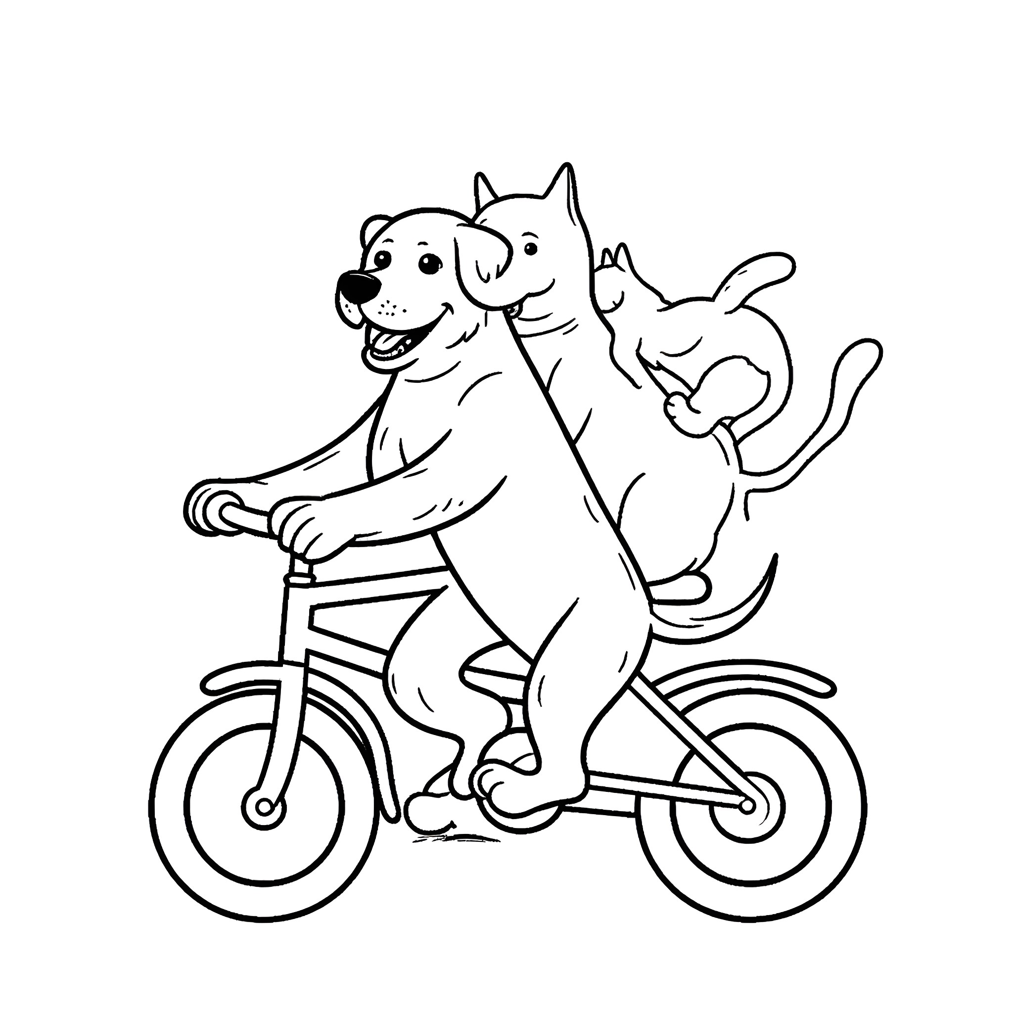 Lab Animals Riding Bicycle Together Coloring Page (free black-and-white line drawing printable PDF for all, from beginners to advanced learners, including children, teens, adults, and seniors)