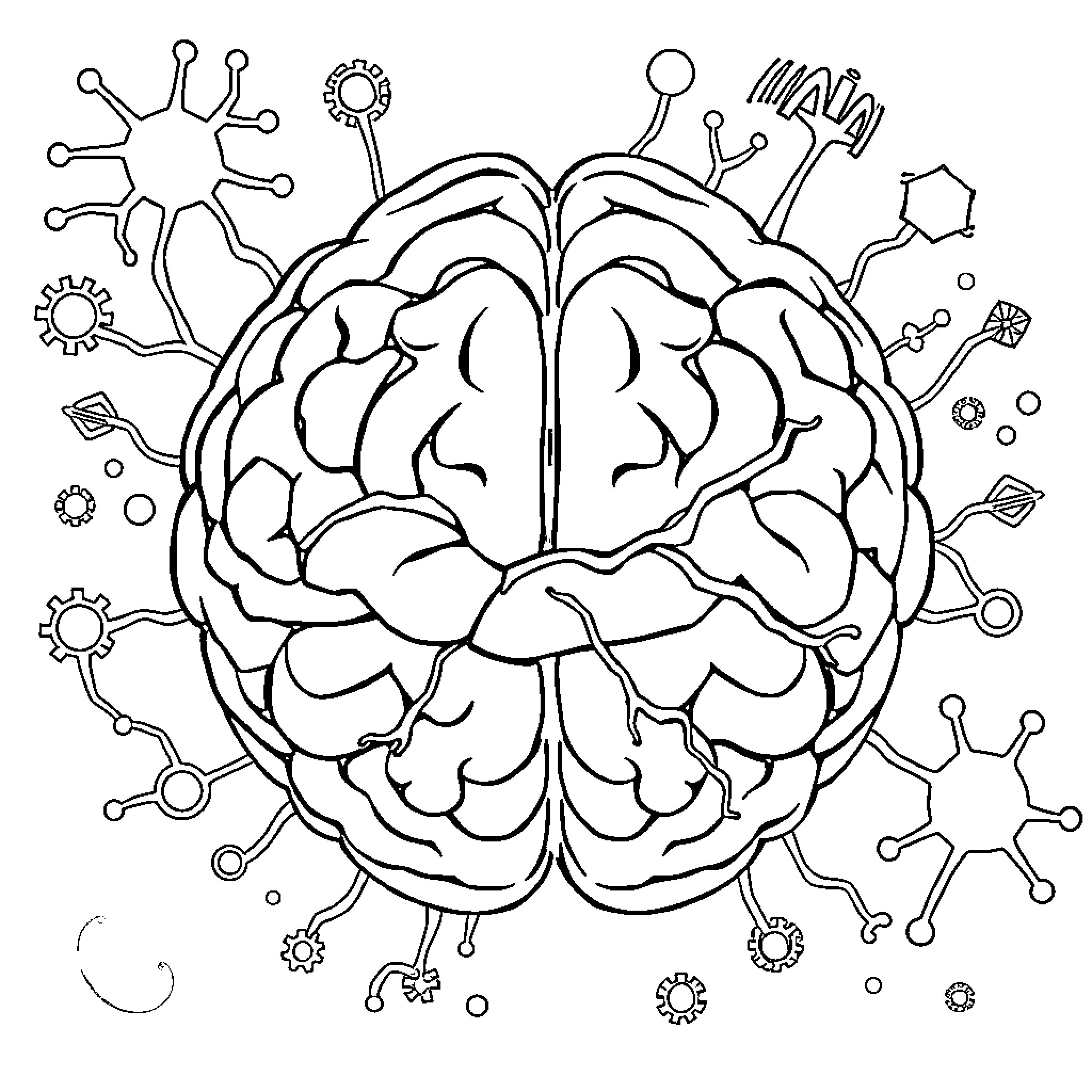 Neuroscience: Brain and Viral Molecules Interaction Coloring Page (free black-and-white line drawing printable PDF for all, from beginners to advanced learners, including children, teens, adults, and seniors)