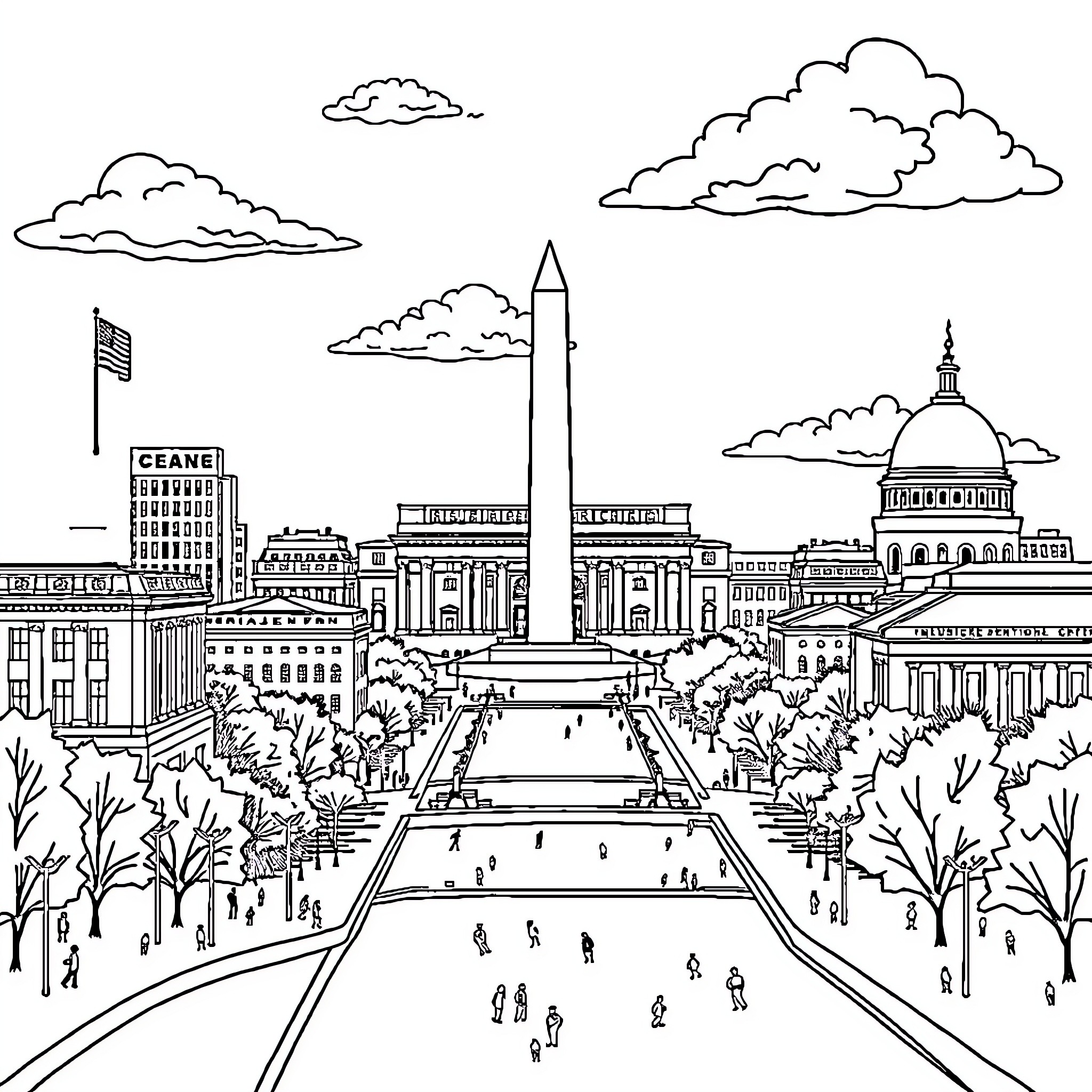 Washington DC cityscape with iconic landmarks and people Coloring Page (free black-and-white line drawing printable PDF for all, from beginners to advanced learners, including children, teens, adults, and seniors)