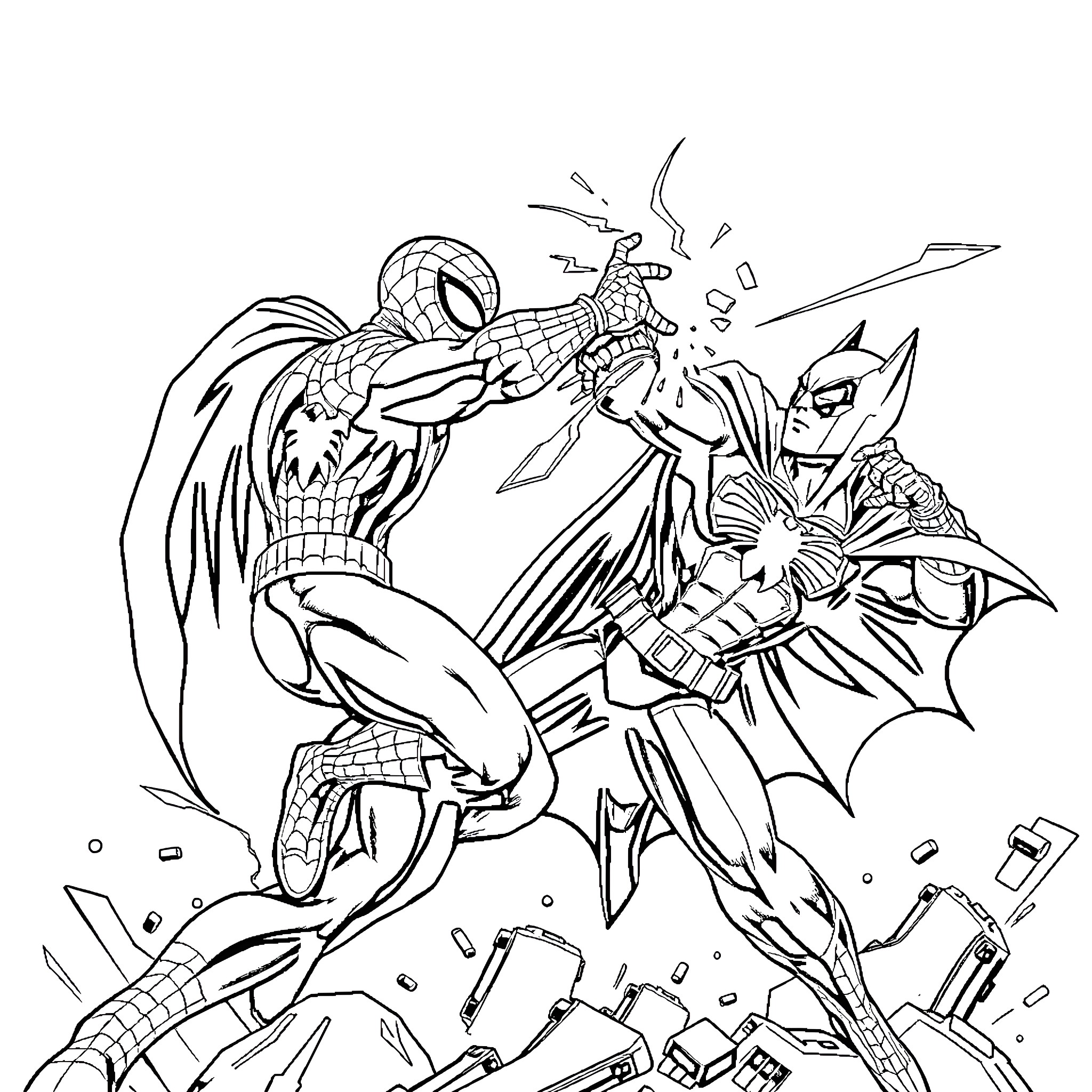 Spiderman heroically battles a formidable foe Coloring Page (free black-and-white line drawing printable PDF for all, from beginners to advanced learners, including children, teens, adults, and seniors)