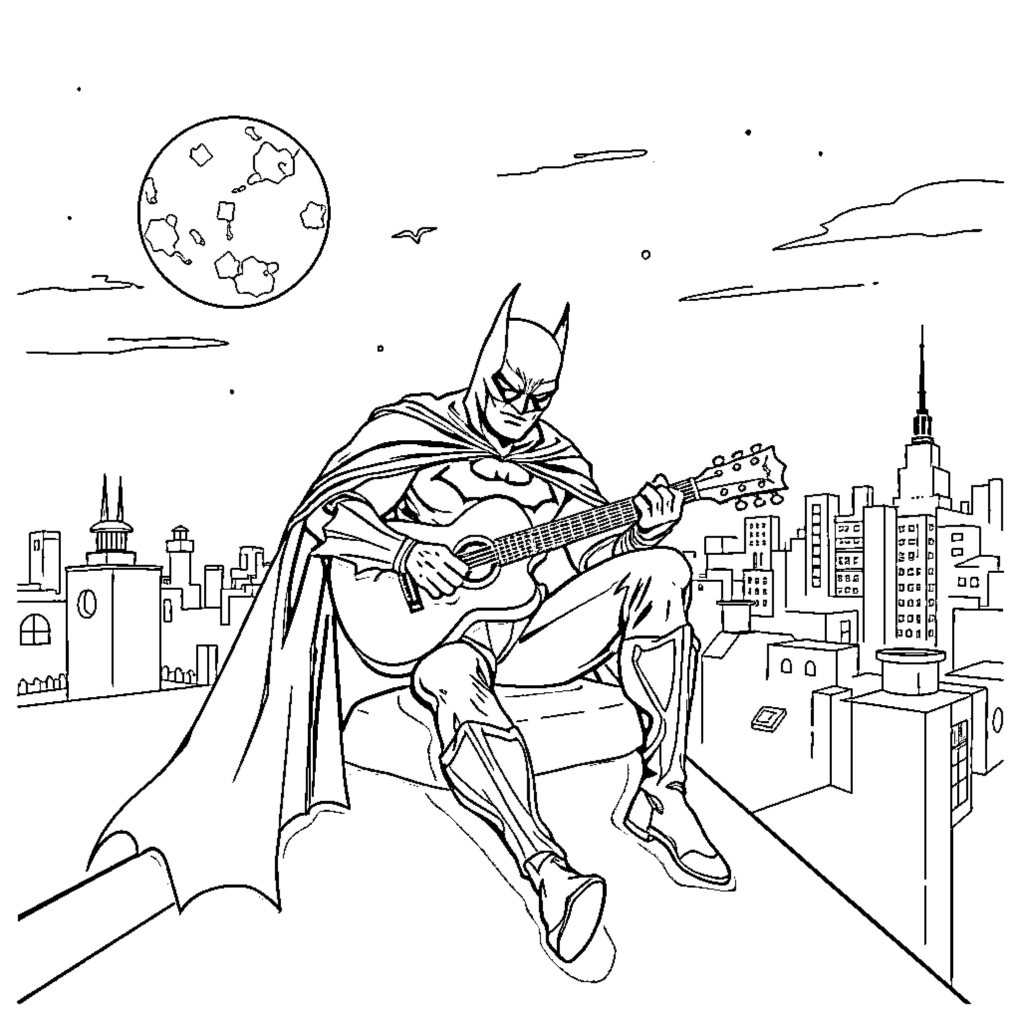 Batman Playing Guitar in the City Coloring Page (free black-and-white line drawing printable PDF for all, from beginners to advanced learners, including children, teens, adults, and seniors)