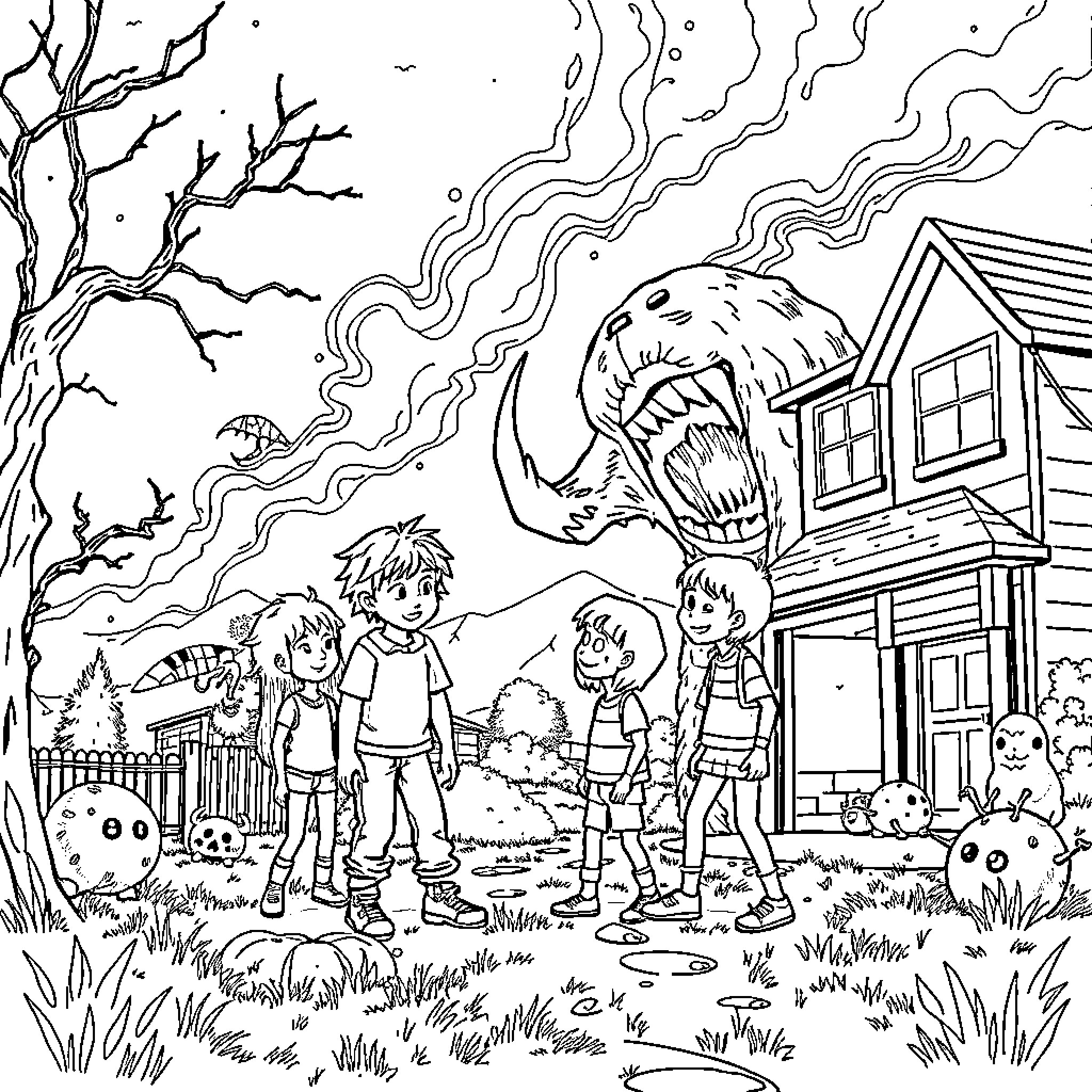 Stranger Things: Children Confronting Supernatural Phenomenon Coloring Page (free black-and-white line drawing printable PDF for all, from beginners to advanced learners, including children, teens, adults, and seniors)