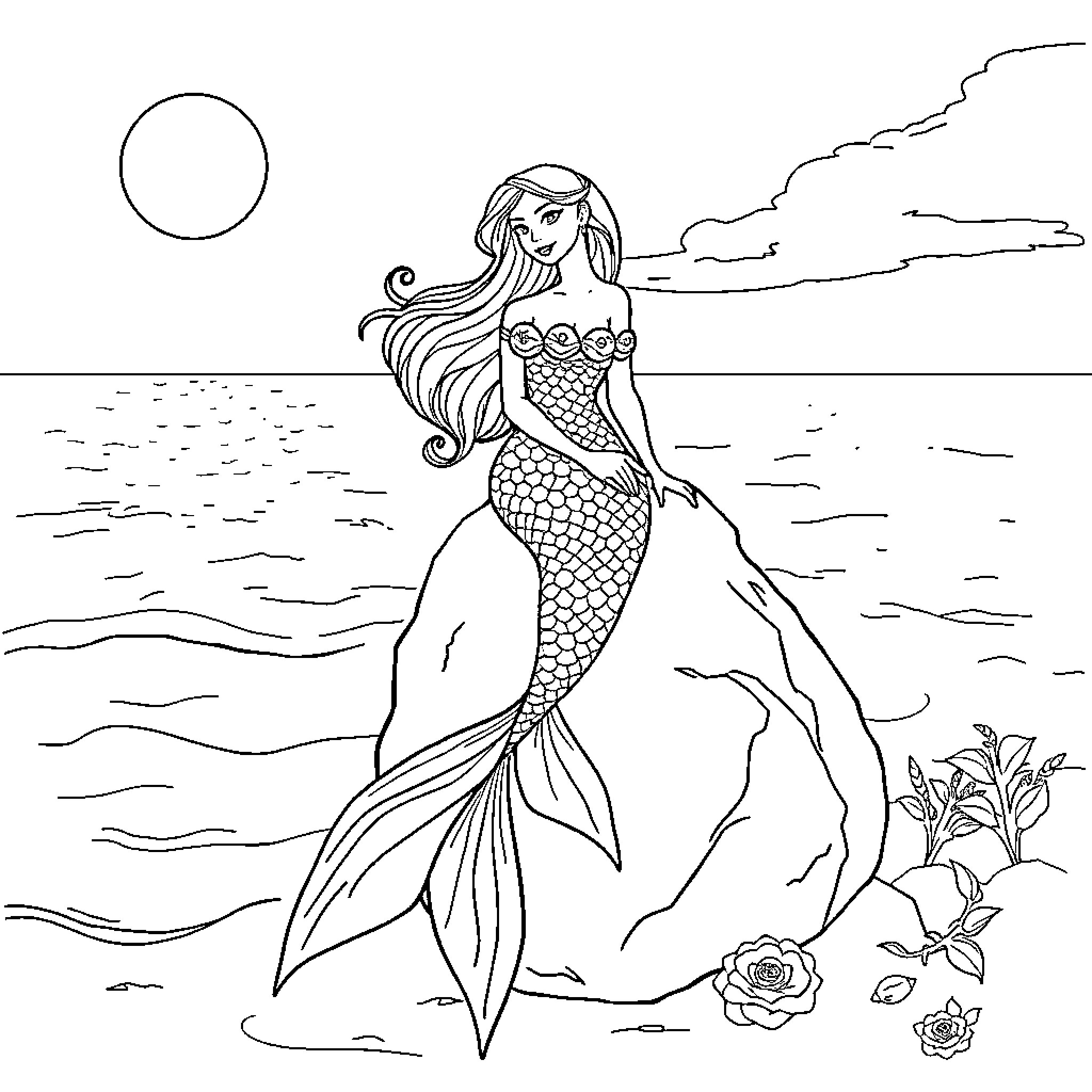 Mermaid resting on a rock by the sea Coloring Page (free black-and-white line drawing printable PDF for all, from beginners to advanced learners, including children, teens, adults, and seniors)