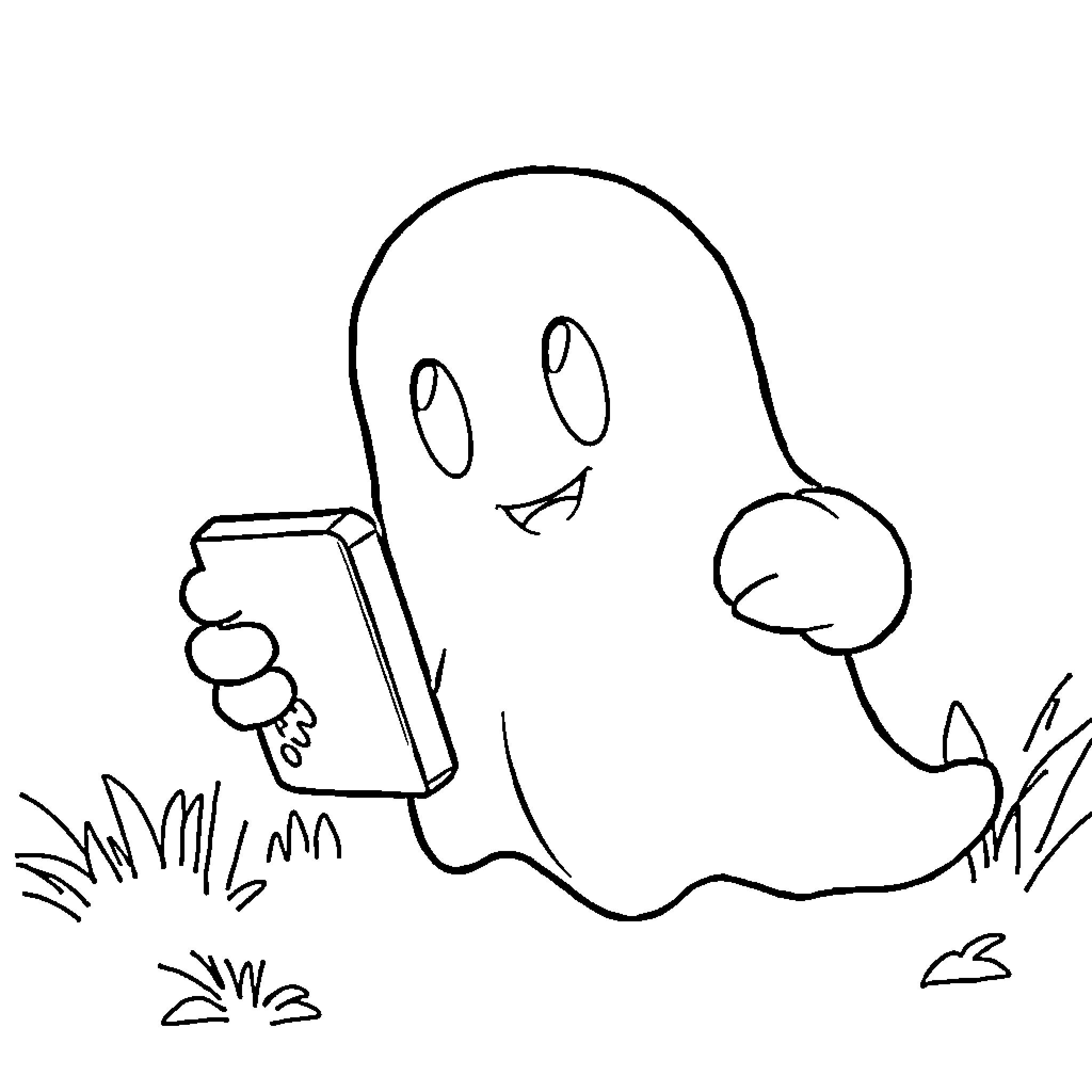 Ghost Holding a Book in the Grass Coloring Page (free black-and-white line drawing printable PDF for all, from beginners to advanced learners, including children, teens, adults, and seniors)