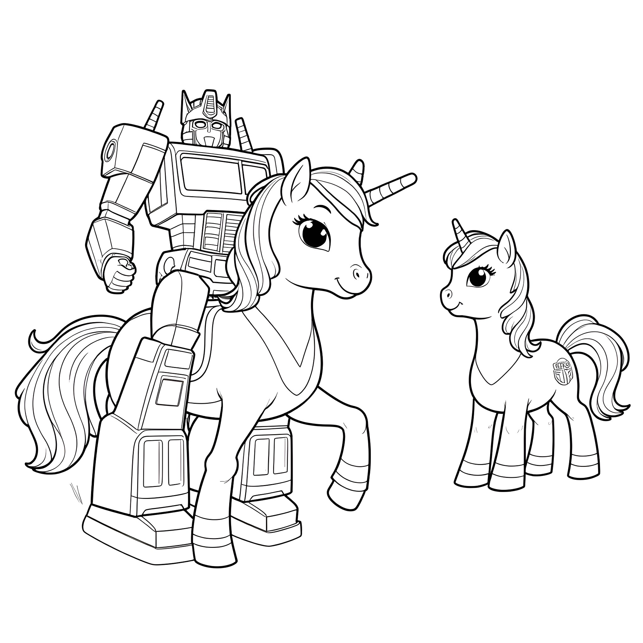 Optimus Prime meets Unicorn and Pony in Cartoon Style Coloring Page (free black-and-white line drawing printable PDF for all, from beginners to advanced learners, including children, teens, adults, and seniors)