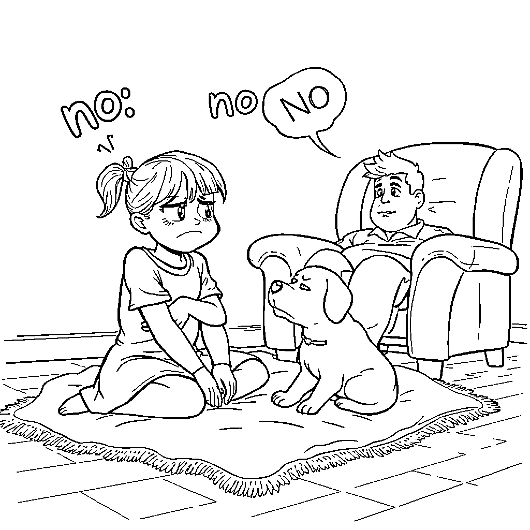 Daughter's defiant moment with her pet Coloring Page (free black-and-white line drawing printable PDF for all, from beginners to advanced learners, including children, teens, adults, and seniors)