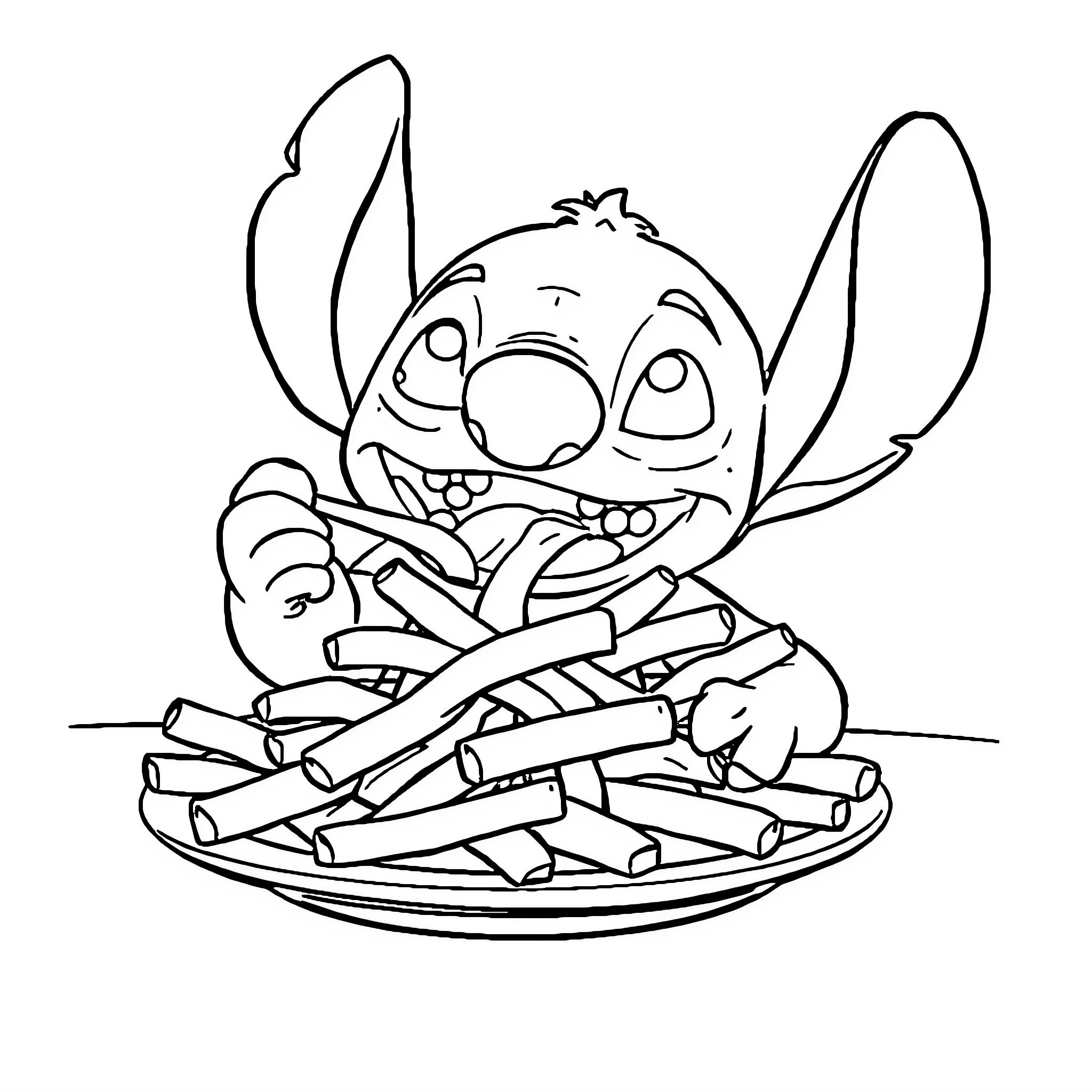 Stitch enjoying a tasty meal Coloring Page (free black-and-white line drawing printable PDF for all, from beginners to advanced learners, including children, teens, adults, and seniors)