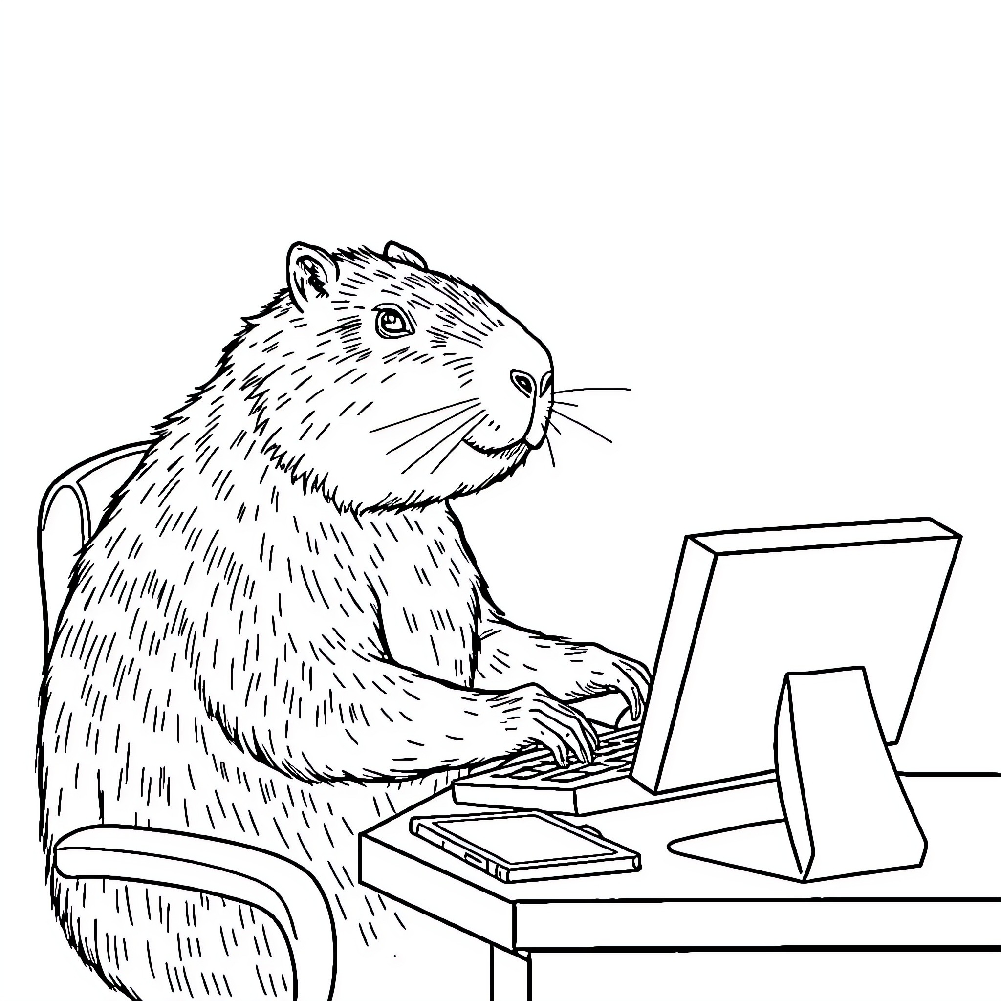 Capybara working diligently at computer Coloring Page (free black-and-white line drawing printable PDF for all, from beginners to advanced learners, including children, teens, adults, and seniors)