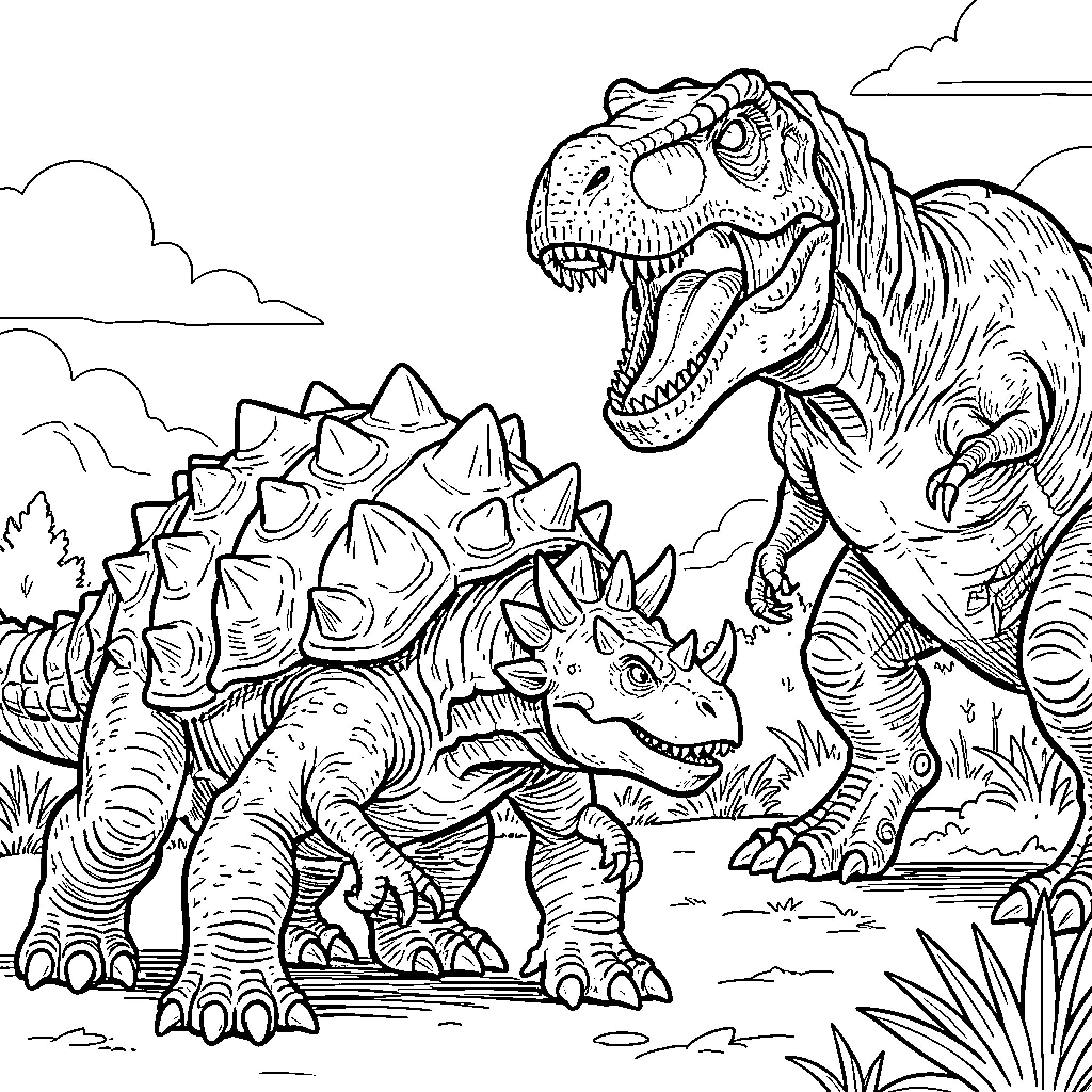 Dinosaur encounter between a Tyrannosaurus Rex and a Triceratops Coloring Page (free black-and-white line drawing printable PDF for all, from beginners to advanced learners, including children, teens, adults, and seniors)