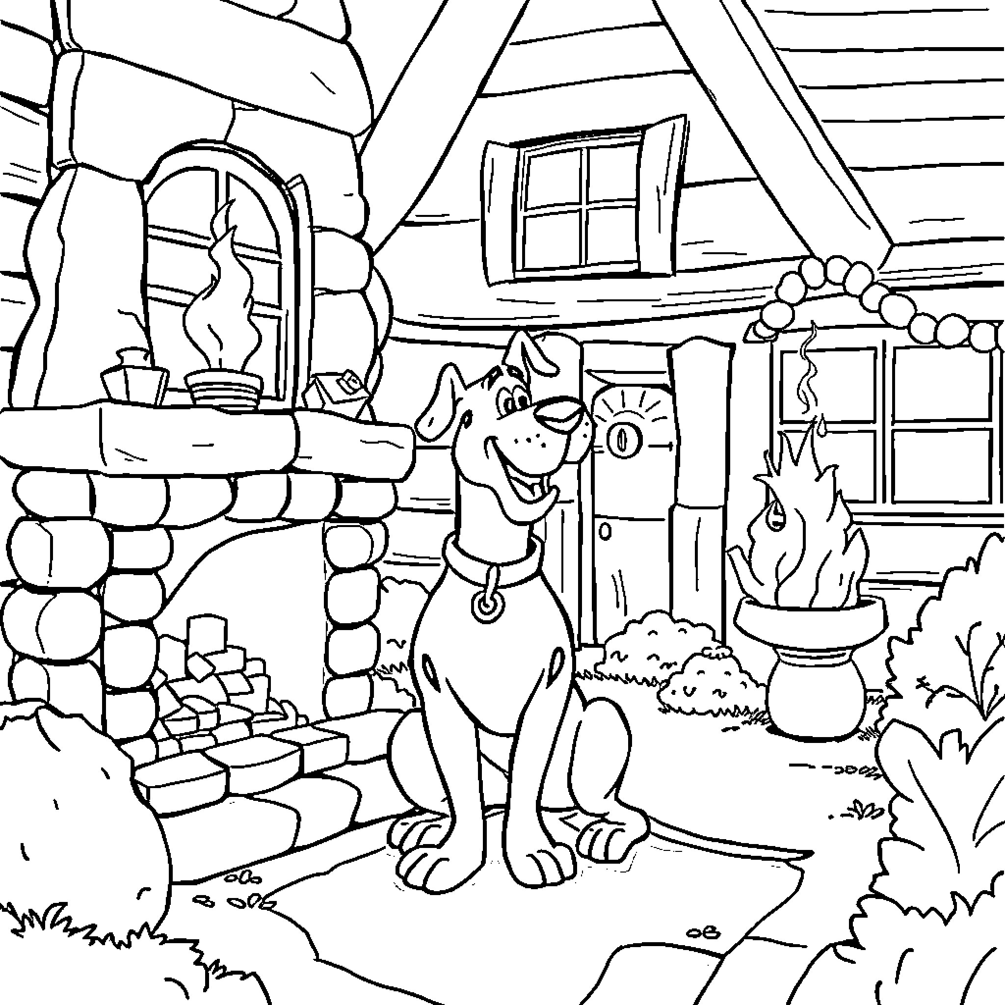 Scooby Doo enjoying a cozy cabin in the woods Coloring Page (free black-and-white line drawing printable PDF for all, from beginners to advanced learners, including children, teens, adults, and seniors)