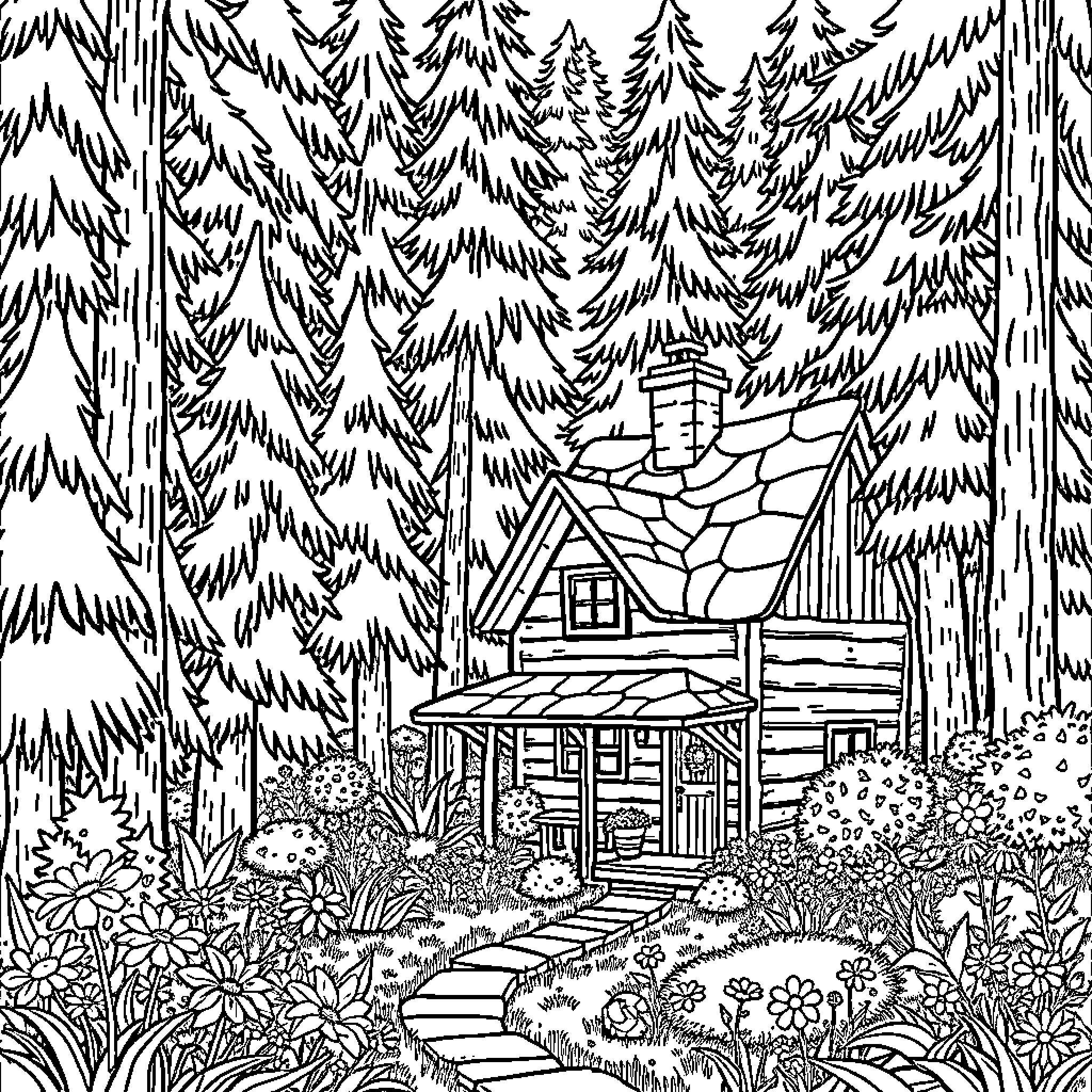 Cottage nestled in a lush forest landscape Coloring Page (free black-and-white line drawing printable PDF for all, from beginners to advanced learners, including children, teens, adults, and seniors)